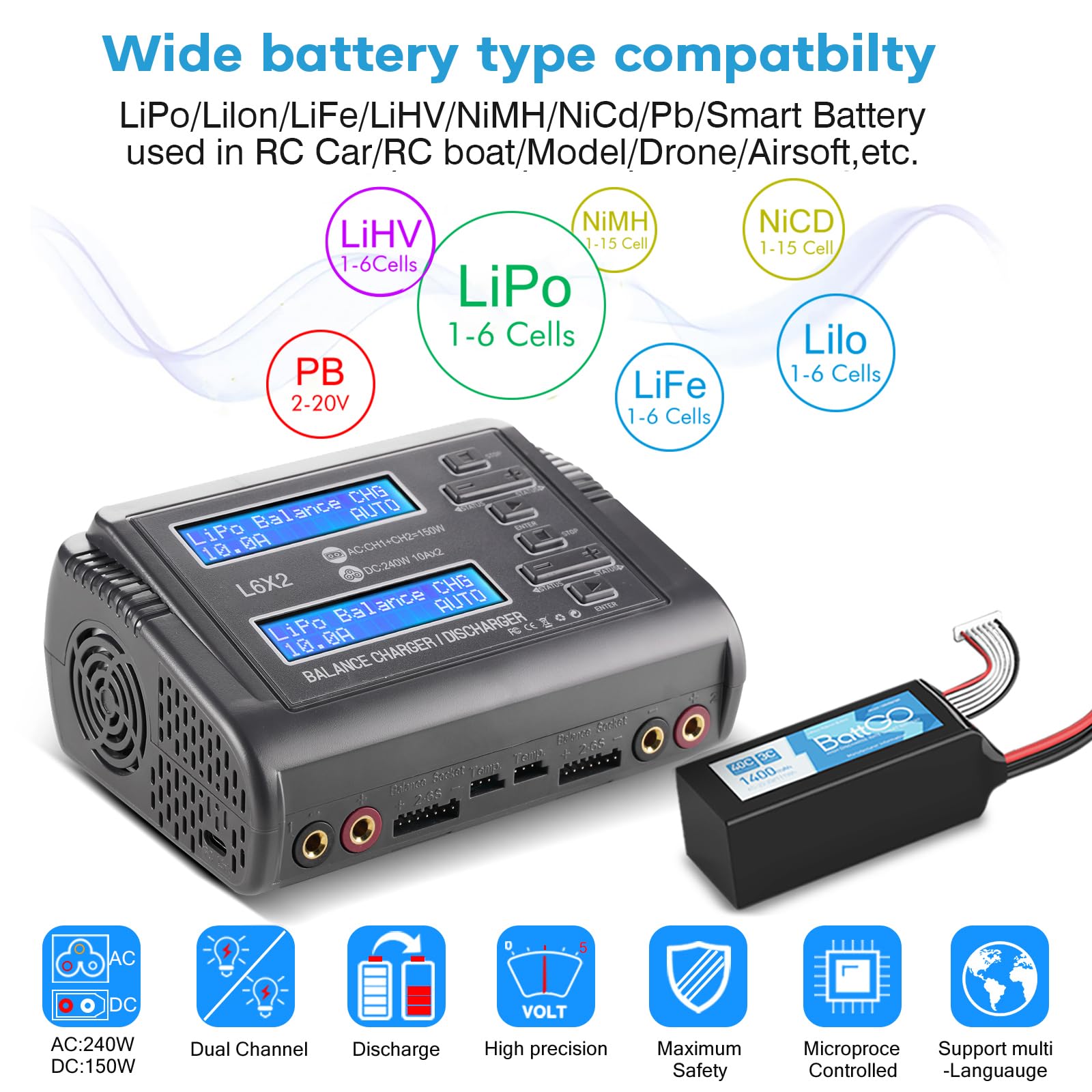 Haisito Lipo Akkus Dual Entlader RC Balancer Ladegerät/Entlader für Lilon LiPo Life LiHV NiCd NiMH PB Smart Batterie Dual-Multi-Ladegerät AC 150W / DC 240W 10A für RC Car Drohne Batterien