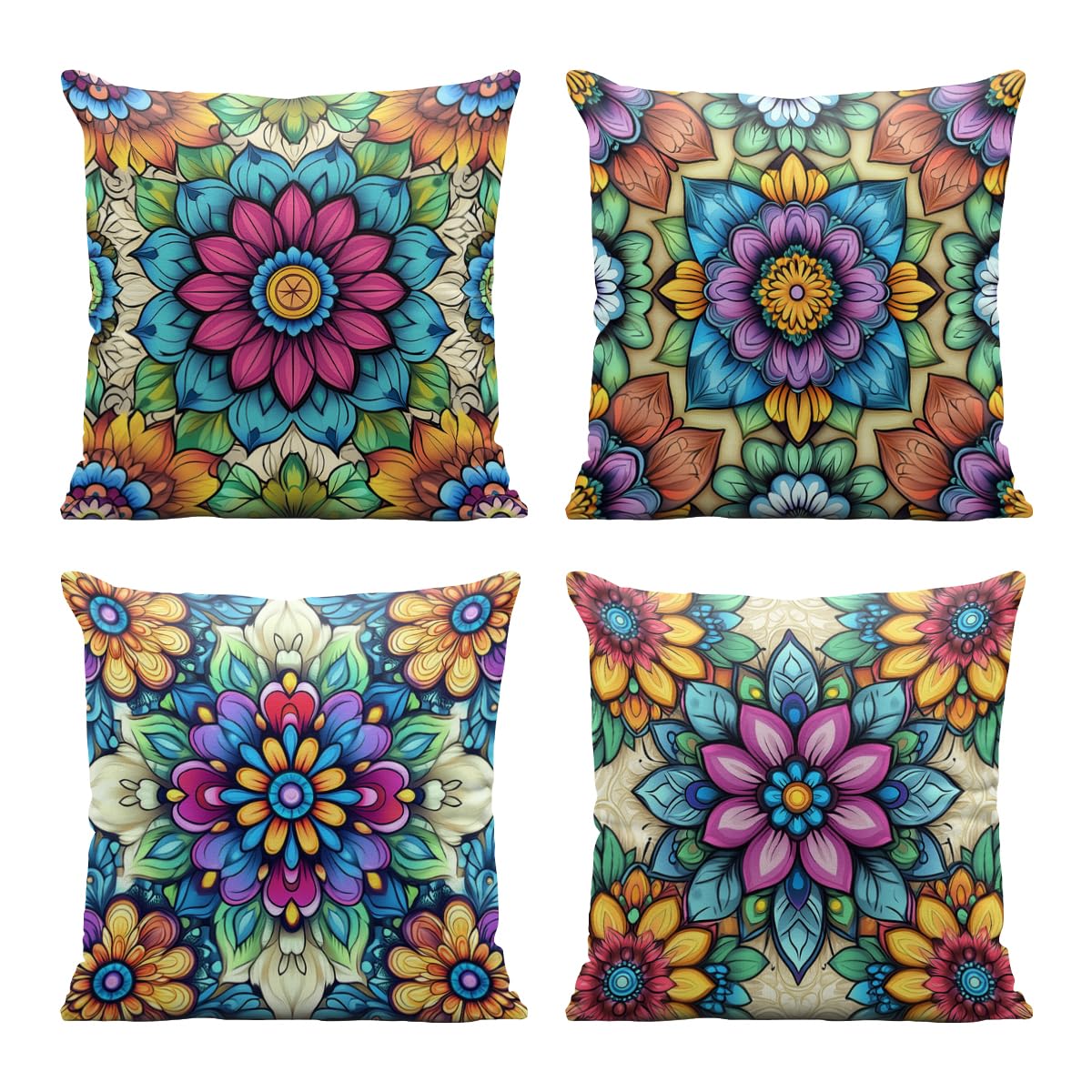 Boho Mandala Floral Pillow Covers 18x18 Inch Set of 4 Colorful Flowers Decorative Throw Pillow Case Cushion Case for Sofa Couch Outdoor Decor