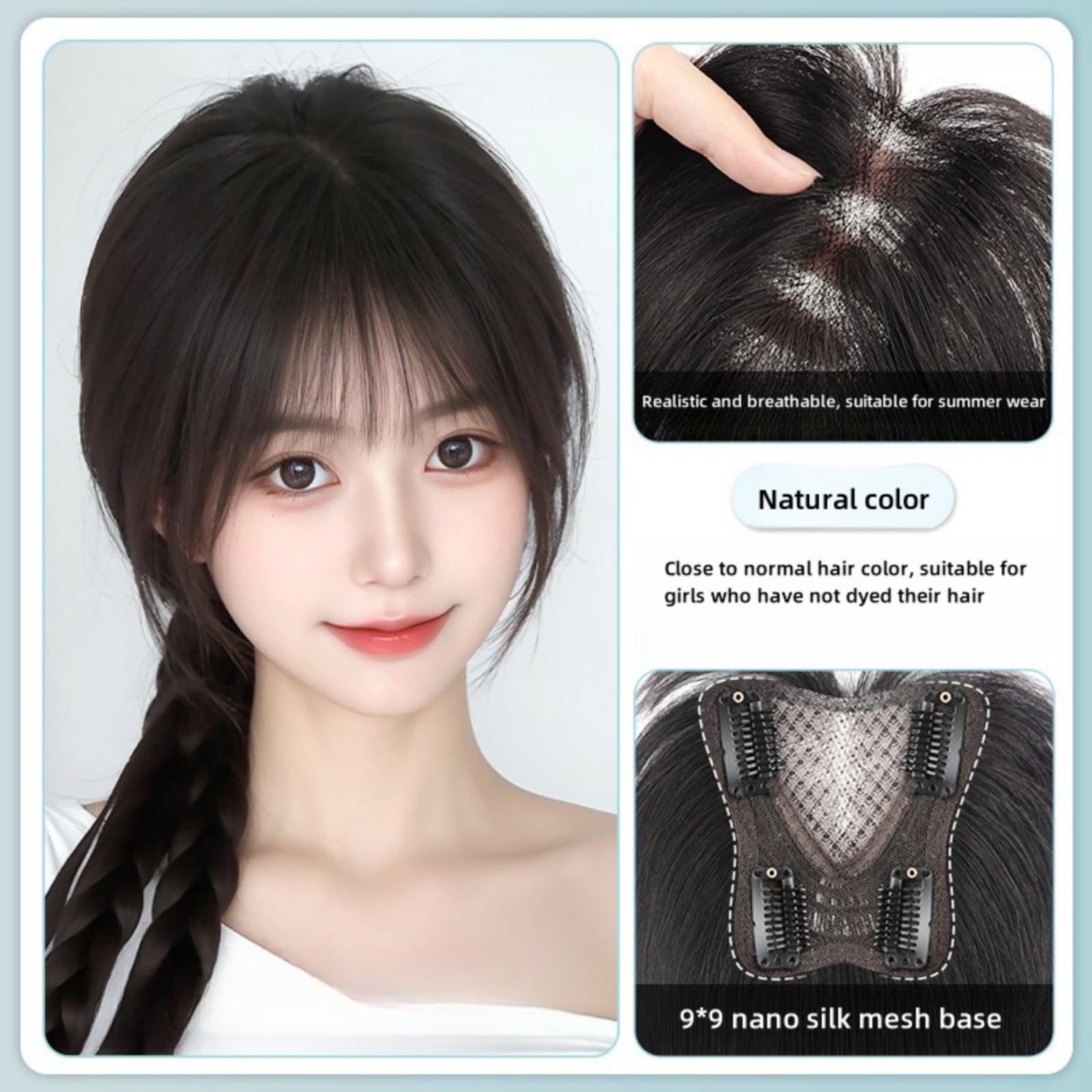 Frangia per capelli umani da donna, extension per capelli umani al 100% veri clip per capelli frangia topper per capelli da donna per uso quotidiano, naturale,Natural color,10(inch)