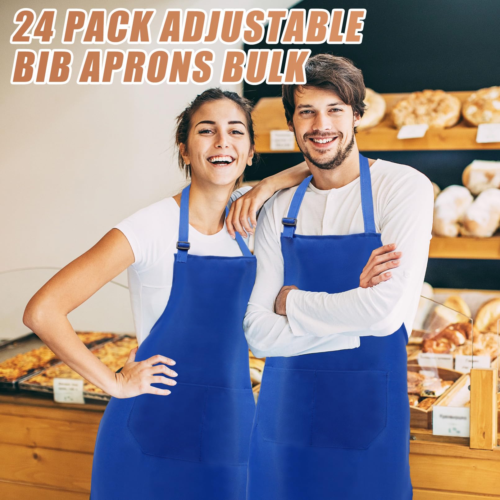 24 grembiuli regolabili vuoti, unisex, blu tinta unita, con 2 tasche, per adulti, cucina, barbecue, grigliate, forno, lavabili in lavatrice, blu, 60,5 x 71 cm