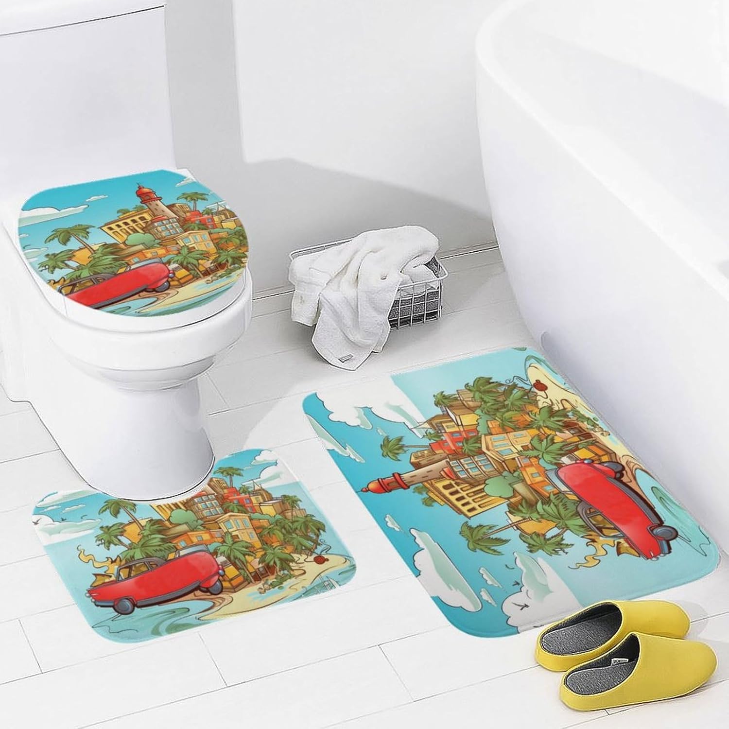 Anti-Skid Floor Mats 3 Piece Set,Island of Cuba Printed Coral Fleece Bathroom Mats U-Shaped Contour Mat Toilet Seat Cover for Bathroom, Tub, Shower, Kitchen 19.7"x31.5"
