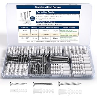 Drywall Anchors and Screws Assortment Kit 264PCS - Stainless Steel Screws & PVC Anchors for Drywall, Plaster, Sheetrock - Perfect for Picture Hanging, Wall Mounting, Home Repairs