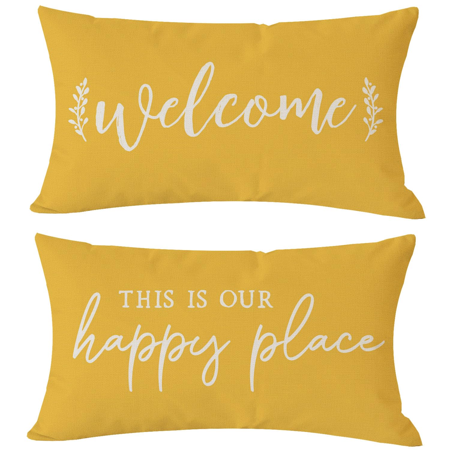 PANDICORN Farmhouse Lumbar Decorative Throw Pillow Covers 12x20 Set of 2 Welcome This is Our Happy Place Yellow Outdoor Spring Summer Front Porch