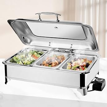 Chafing Dish Electric 9L Stainless Steel Food Warmer Buffet Warmer Adjustable Temperature Warming Container Food Electric with Visible Glass Lid Temperature Adjustment Button 1/3 Pan