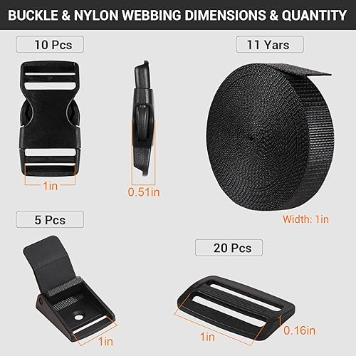 Miniatura 6 de Juego de correas de nailon de 1 pulgada, 11 yardas, ajustable de 1 pulgada + 10 hebillas de liberación rápida + 20 deslizadores Tri-Glide + 5
