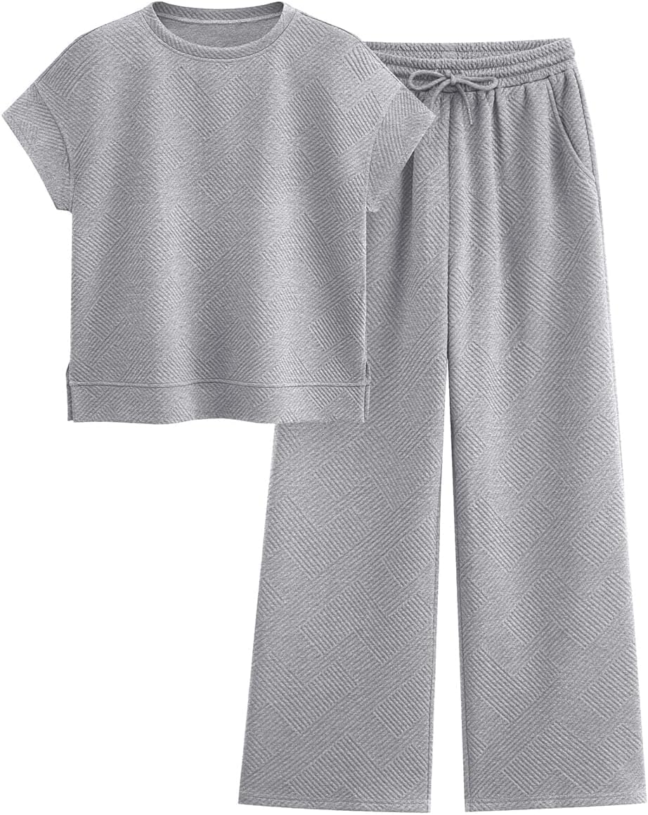 PRETTYGARDEN 2 Piece Outfits For Women Casual Tracksuit Short Sleeve Tops And Wide Leg Long Pants Matching Lounge Sets