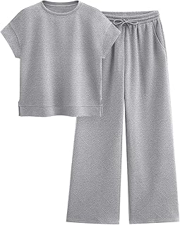 2 Piece Outfits For Women Casual Tracksuit Short Sleeve Tops And Wide Leg Long Pants Matching Lounge Sets