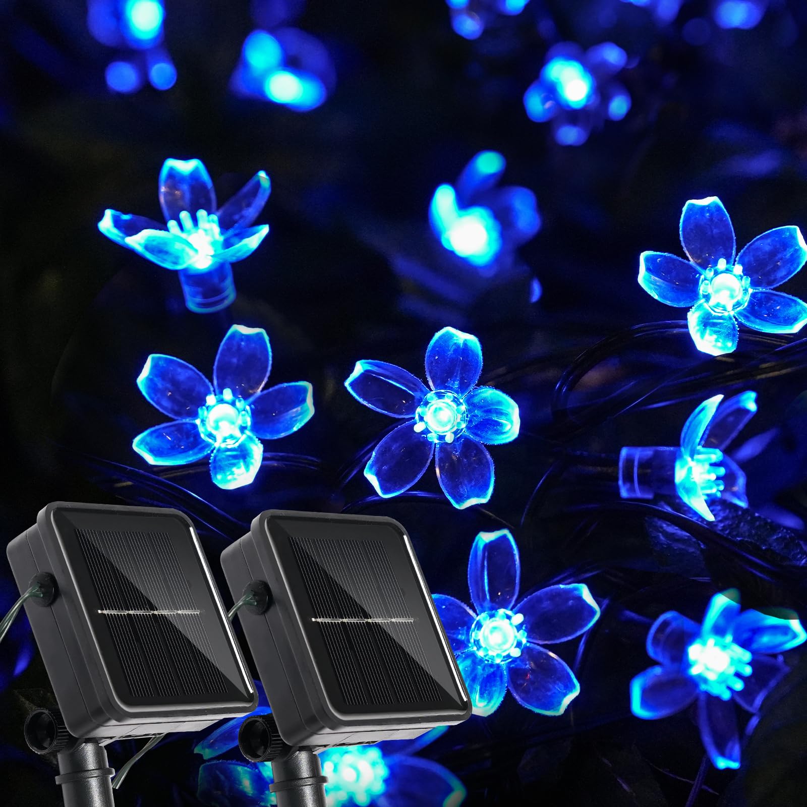 Vruxuri 2 Pack Total 52FT 120 LED Solar String Lights Outdoor Waterproof Flower Fairy Lights for Garden Fence Patio Yard Christmas Tree Lawn Wedding Party Decor, Blue