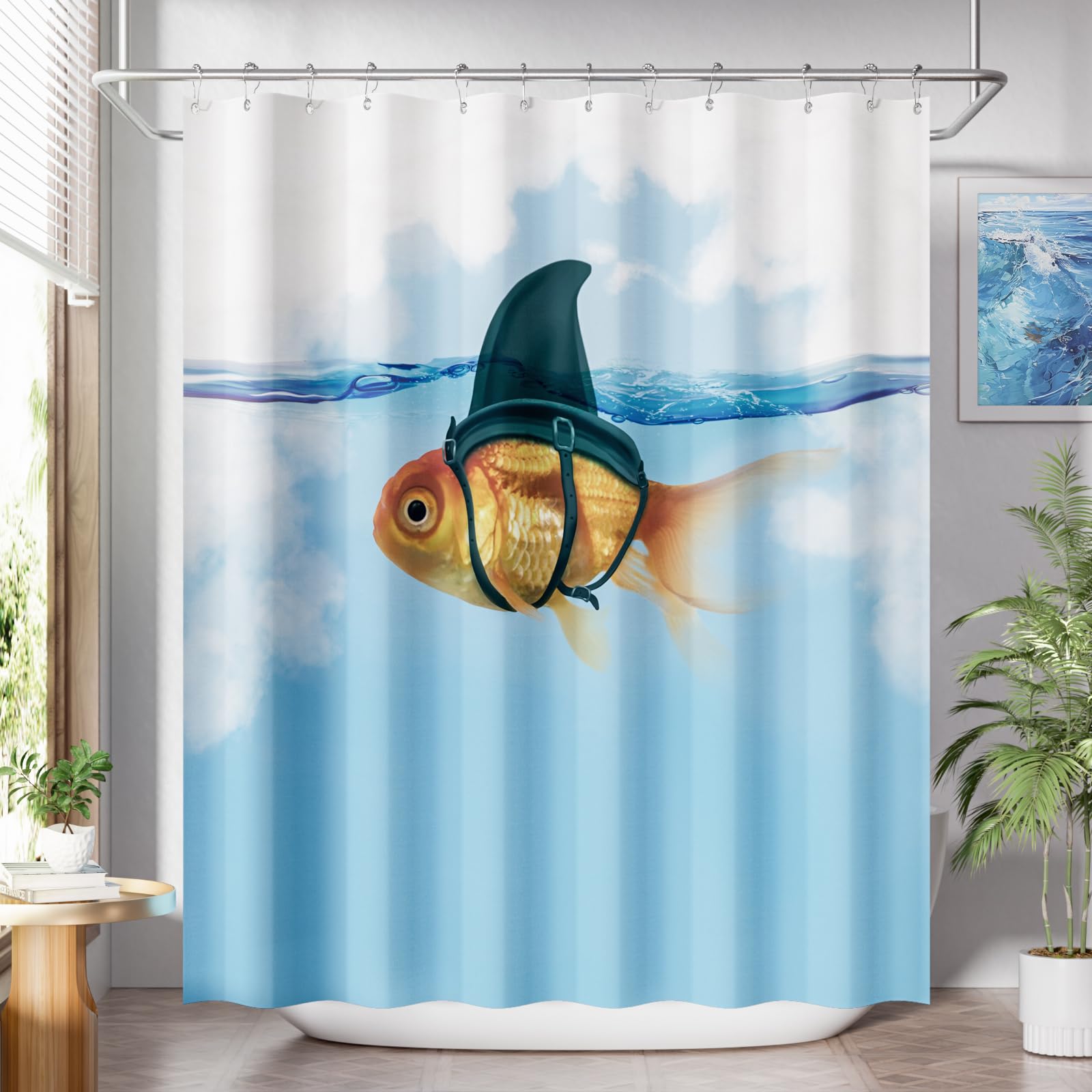 AmazerBath Fish Shower Curtain Blue, Washable Cloth Funny Fish in Shark's Clothing Kids Shower Curtain Sets with Shower Curtain Hooks, Cute Waterproof Shower Curtains for Bathroom Decor, 72x72 Inches : Home