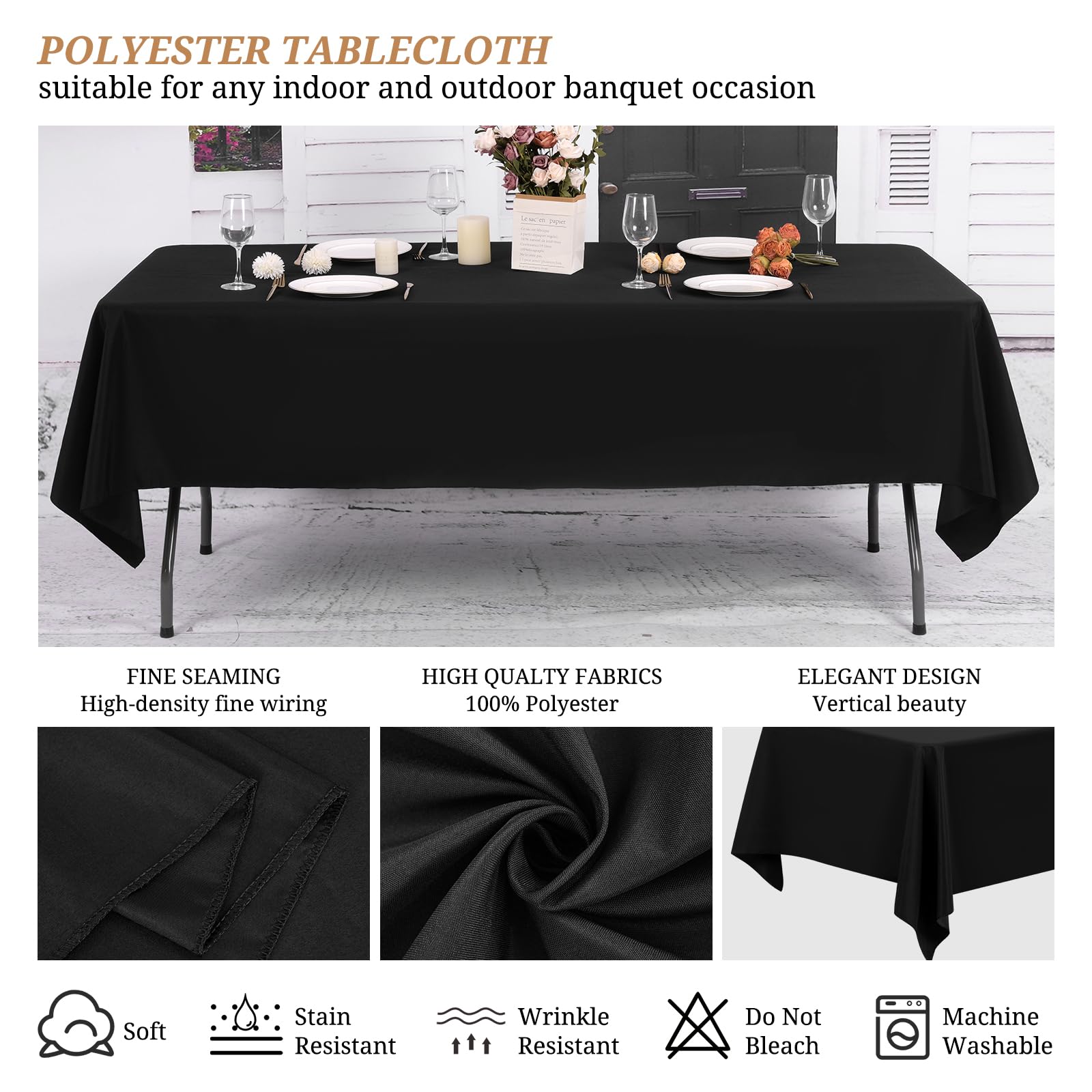 Paquete de 10 manteles negros para mesas rectangulares, 153 x 260 cm | Tela de poliéster lavable, mantel resistente a las manchas y arrugas para bodas, fiestas, banquetes y eventos