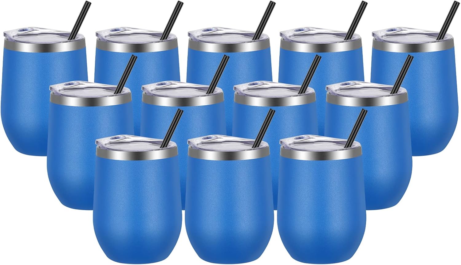 VEGOND Wine Tumblers Bulk 12 Pack, 12oz Stainless Steel Stemless Wine Glass with Lids and Straws, Double Wall Vacuum Insulated Tumbler Cup, Coffee Mug for Cold Hot Drinks