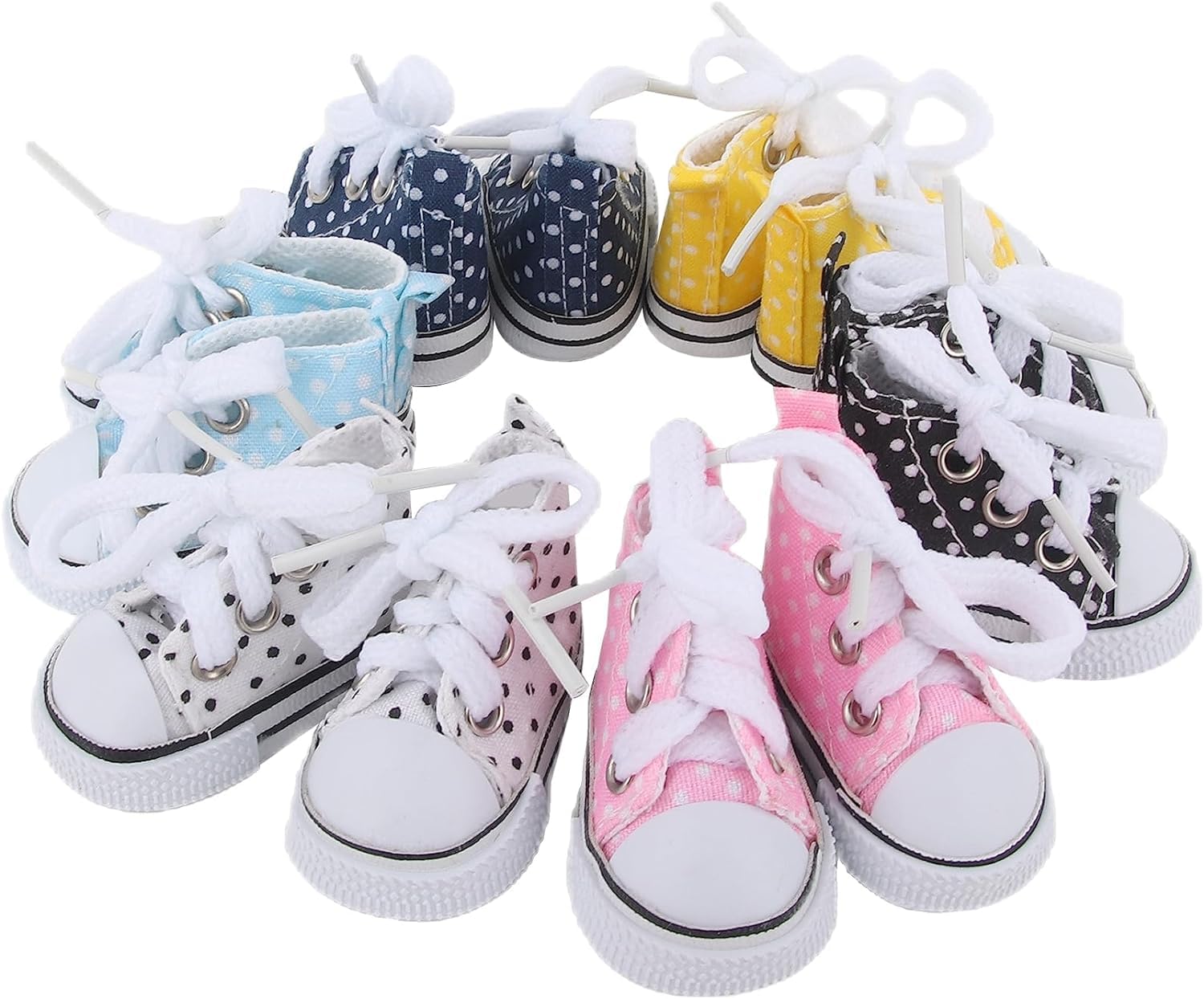 MSYO6-Pack of Doll Shoes for 14-Inch Dolls. Stylish High-Top Canvas Shoes in 6 Colors, Featuring Fashionable Polka Dots Slip-on Design. Perfect Fit for Both 14 Inch Girls and Boys Dolls