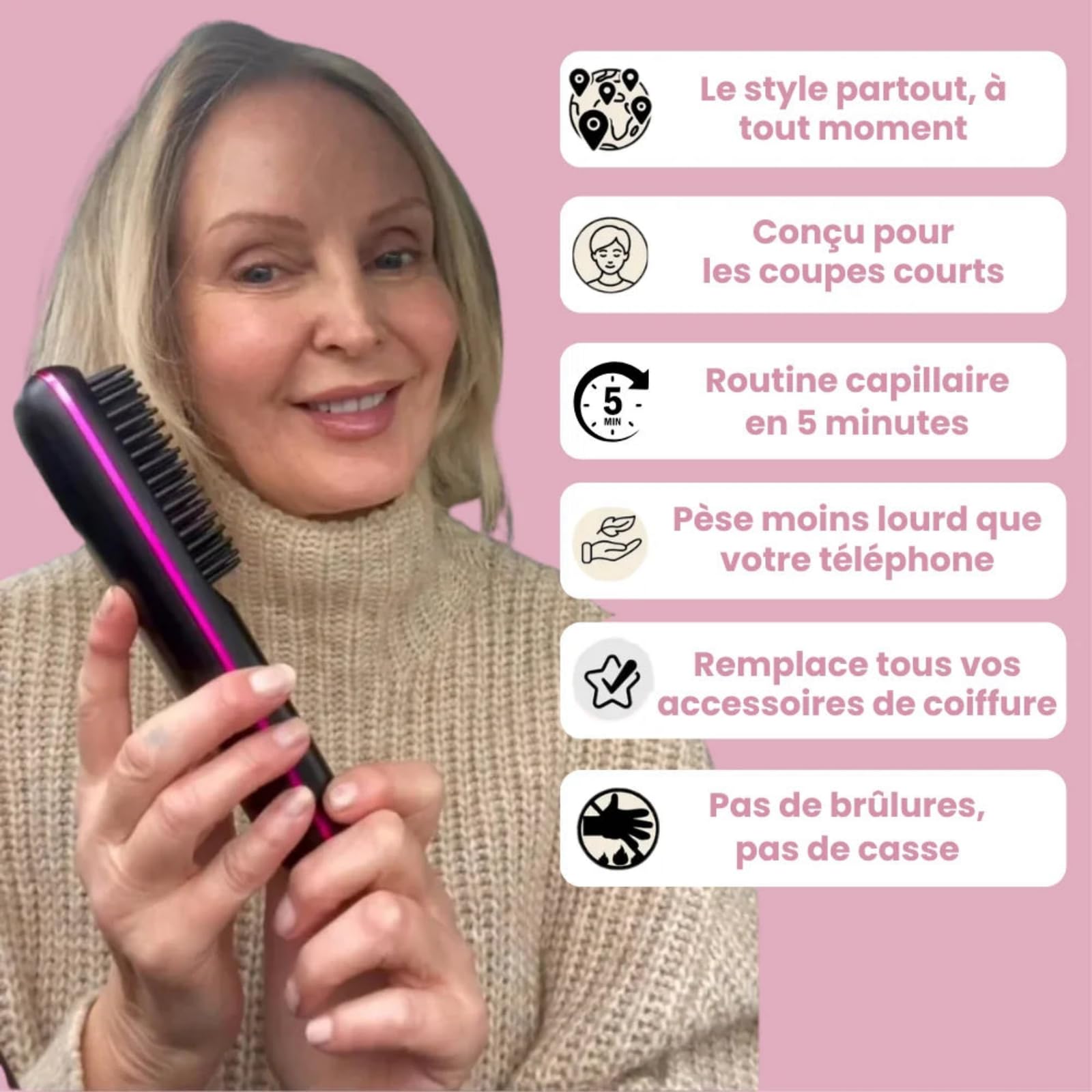 Cosylane Brosse Coiffante,Brosse Lissante Sans Fil pour Cheveux Courts,3 Niveaux de Chaleur, Écran LED,Chargement Type-C,Léger et Portable,Chauffage instantané en 20 seconde
