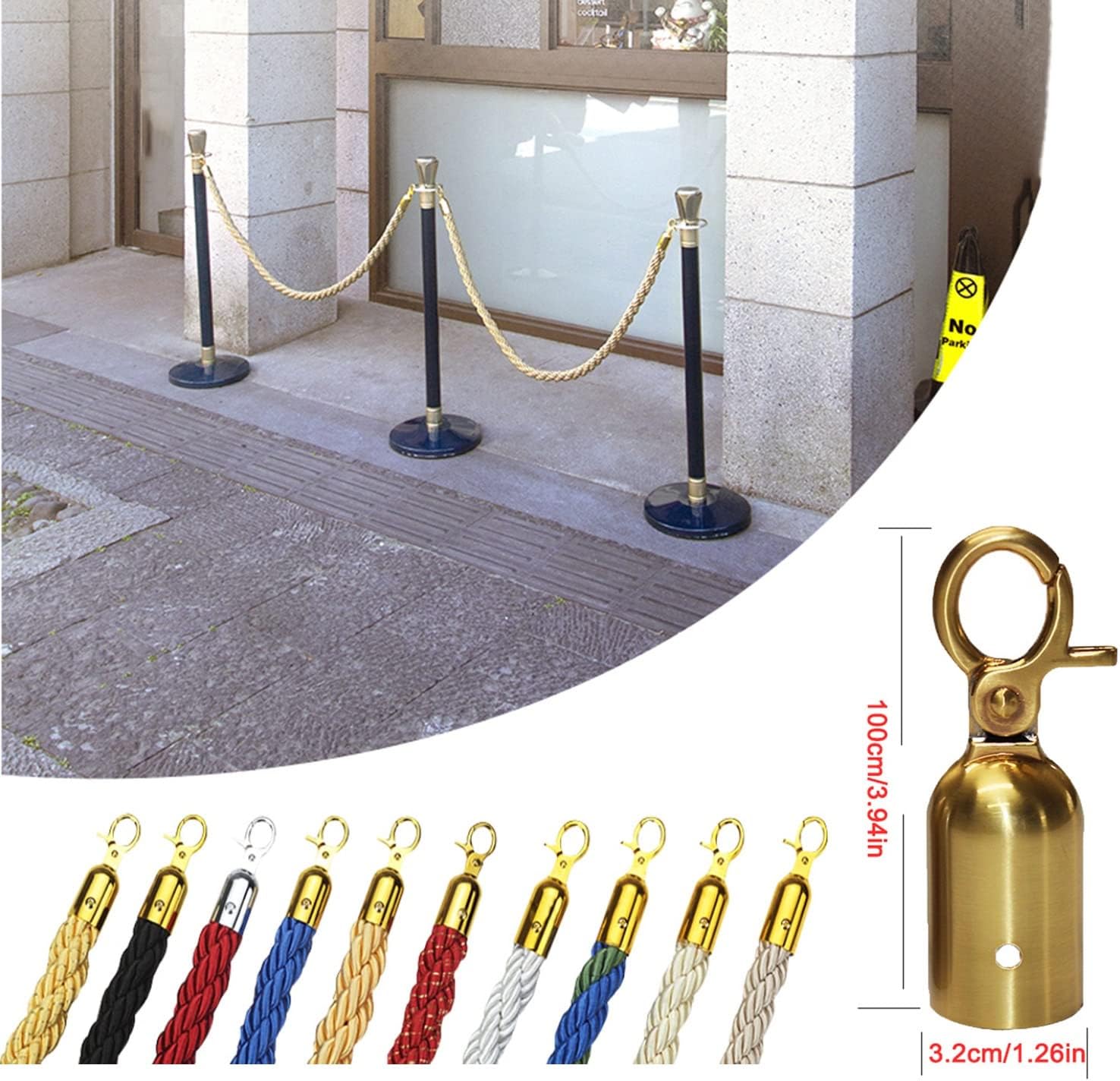 Queue Barrier Ropes with Gold Hook, Crowd Control Stanchion Rope, Braided/Twisted Hemp Rope Barrier for Queue Divider, 3/4/5/8/10Ft Rope Safety Barrier, Crowd Control Rope Queue Line Barrier, 3.2cm (