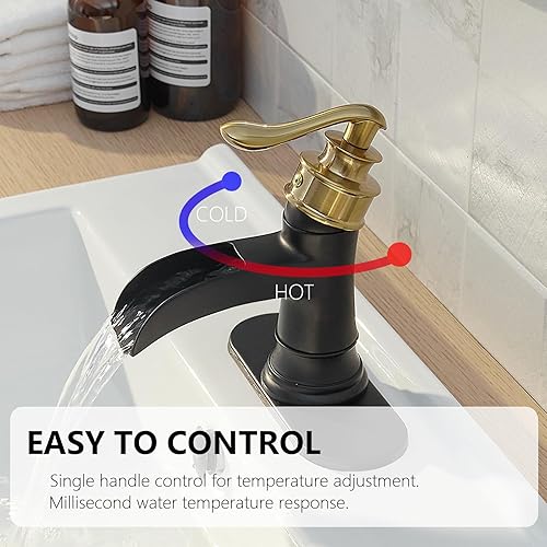 Miniatura 3 de Grifo de baño negro y dorado, fregadero de cascada de un solo orificio con desagüe desplegable con desbordamiento de una sola manija para tocador de