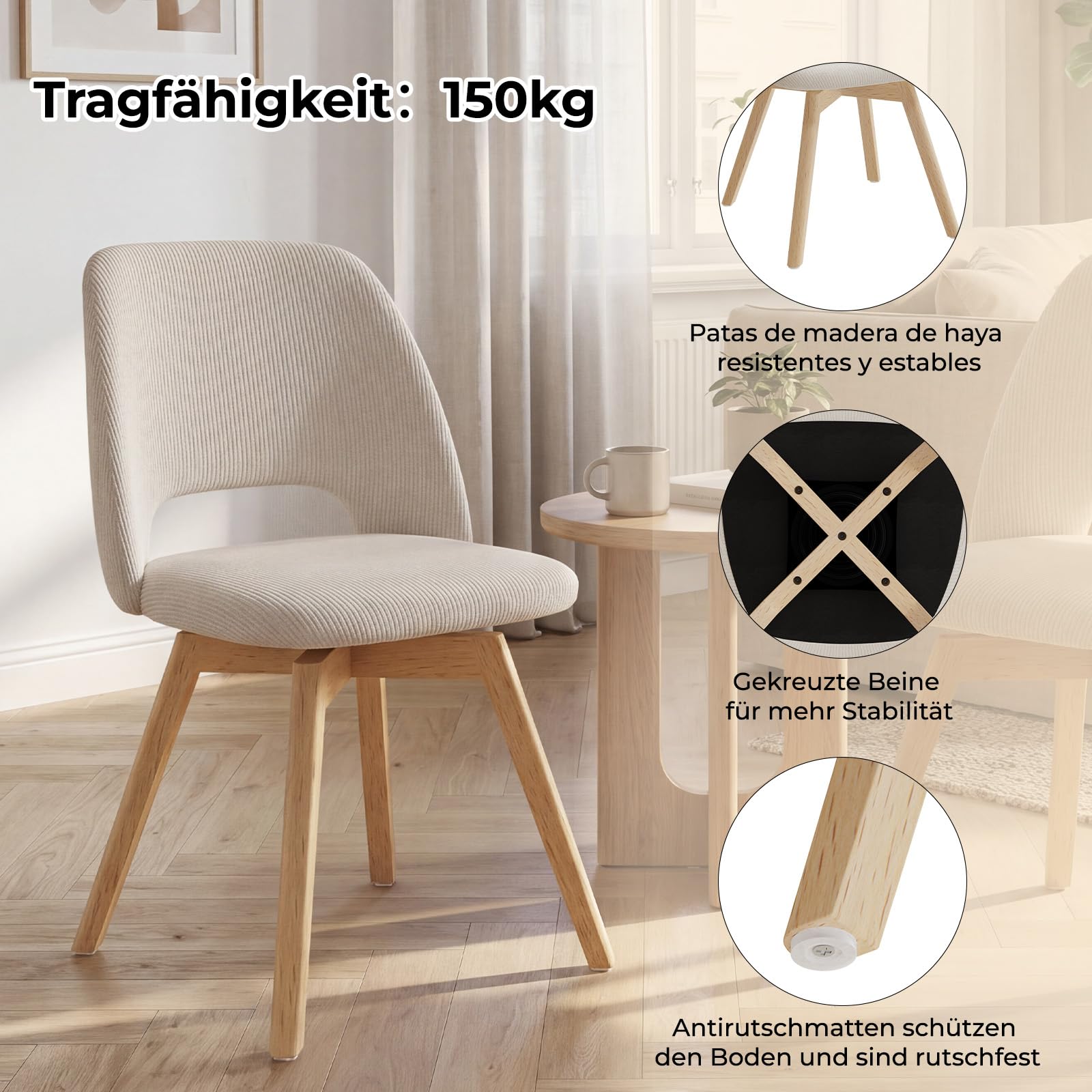 JIJIAN 360° Esszimmerstühle Drehbar 2er Set, Polsterstühle mit Buchebeinen
