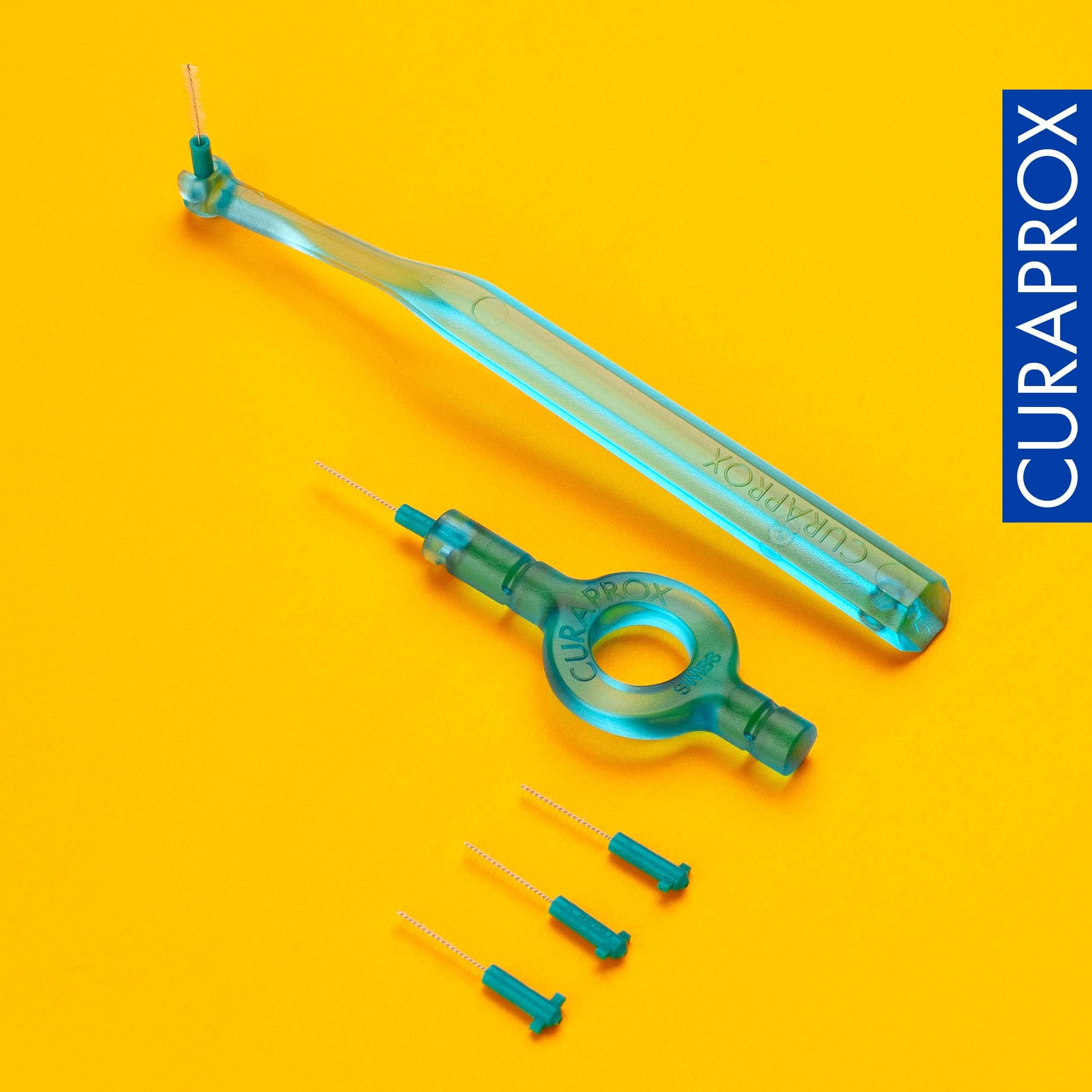 Curaprox CPS 06 Prime Start Interdental Brush Set | Starter Set with 5 Brushes | 2 Different Holders | Turquoise | 0.6 mm Diameter | 2.2 mm Effectiveness | Made in Switzerland