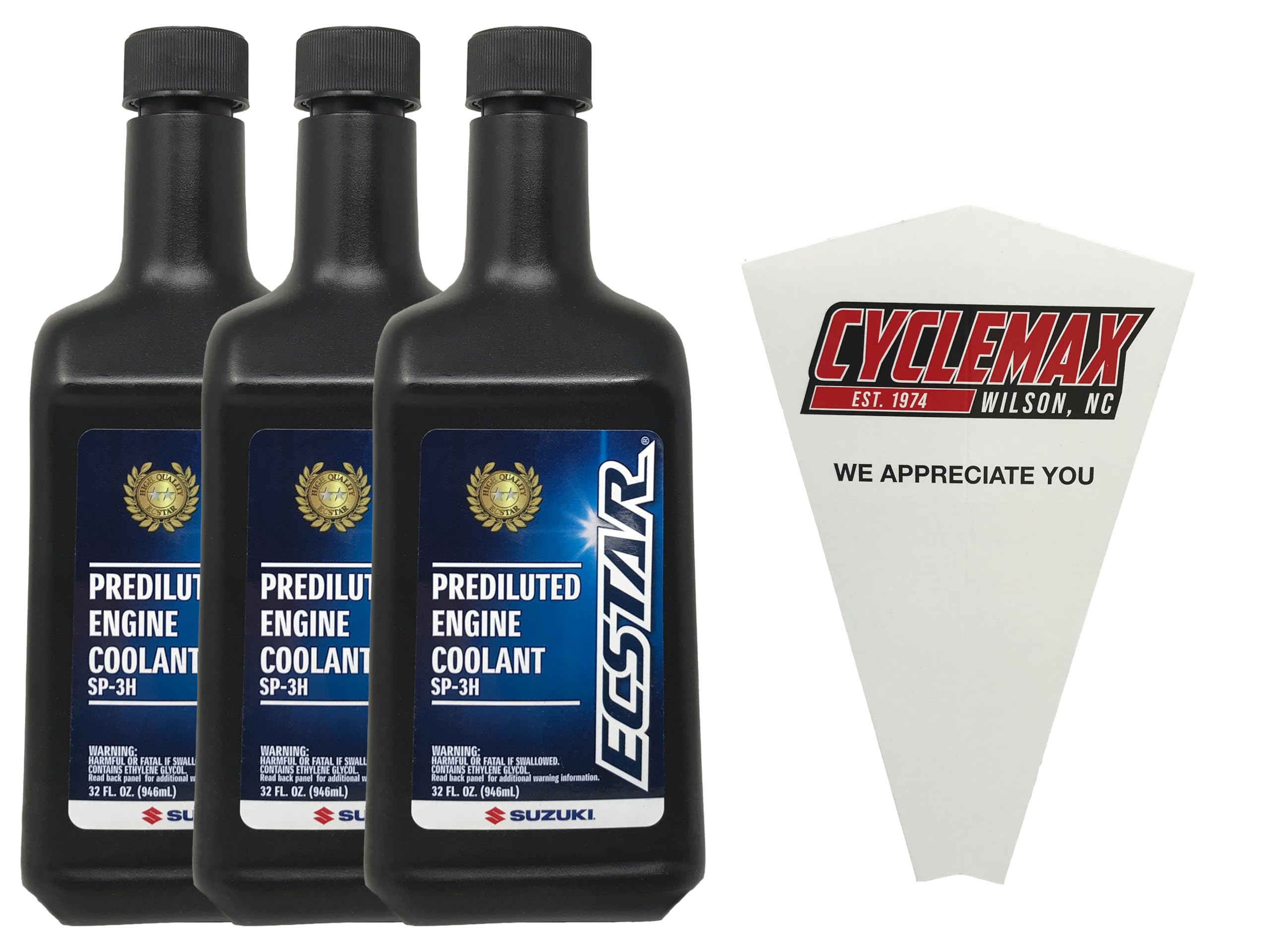CYCLEMAX Three Pack Compatible with Suzuki Ecstar Prediluted Engine Coolant 990A0-02E10-01Q Contains Three Quarts and a Funnel