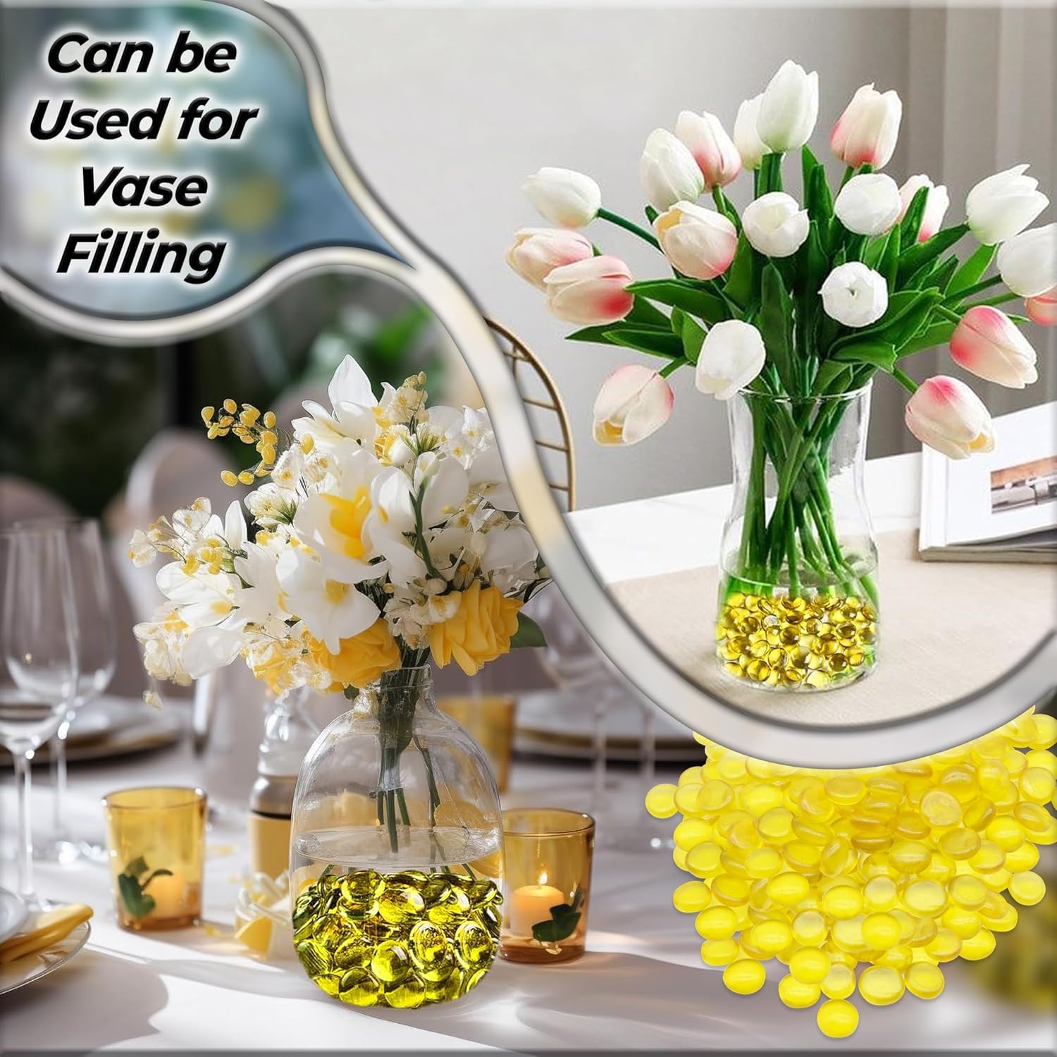 ARSUK – Galets de Verre Jaune 455 g 70-80 pcs Ø17-20 mm – Pierres Décoratives, Cailloux Plat, Perles de Verre, Gravier Aquarium, Remplissage Vase, Mariage, Art Floral, Mosaïque, DIY Décoration Maison