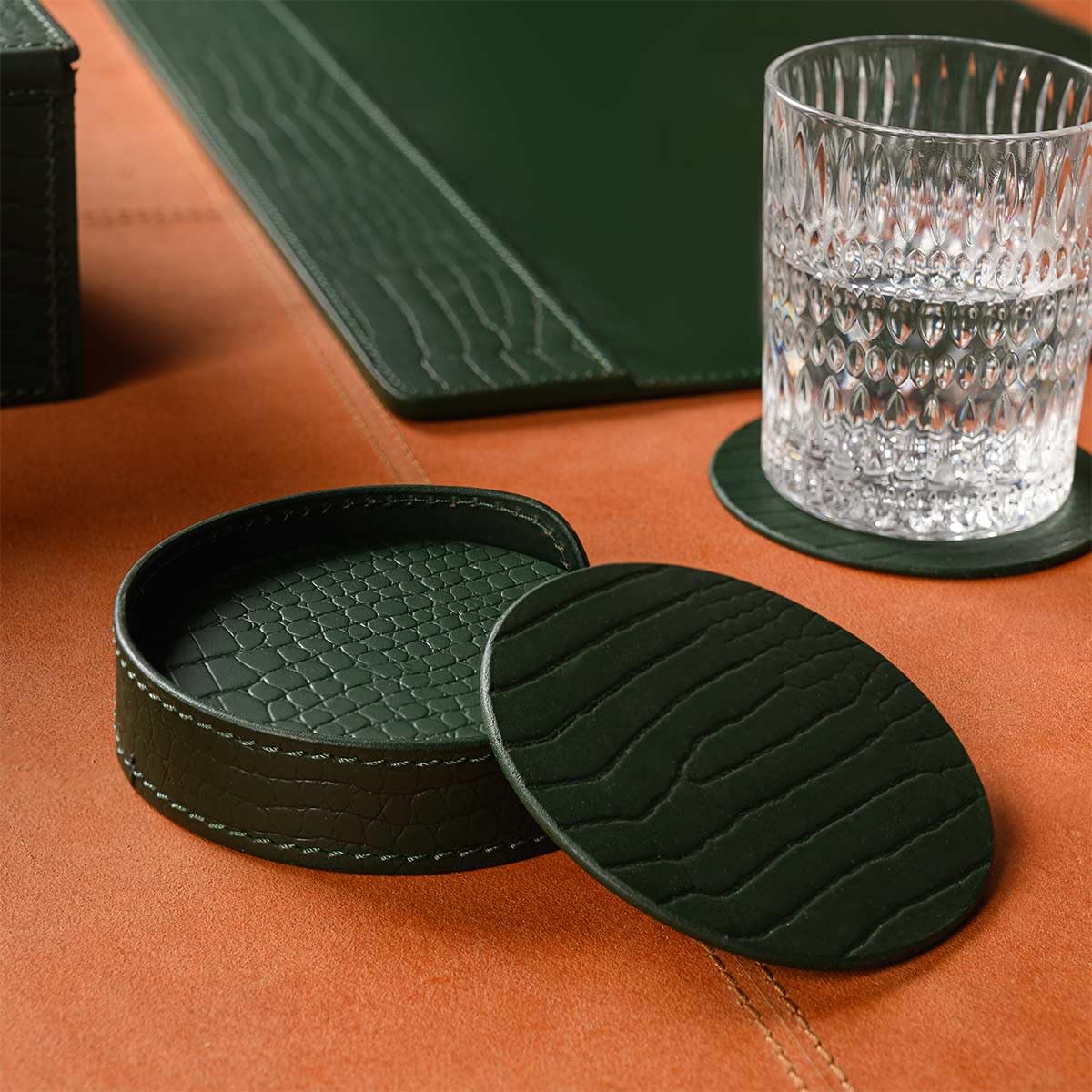 Sterling Green Round Leather Coasters Set of 4 with Holder – 10 cm Luxury Recycled Leather Drink Mats – Handcrafted for Stylish Home, Bar & Office Settings-image-22