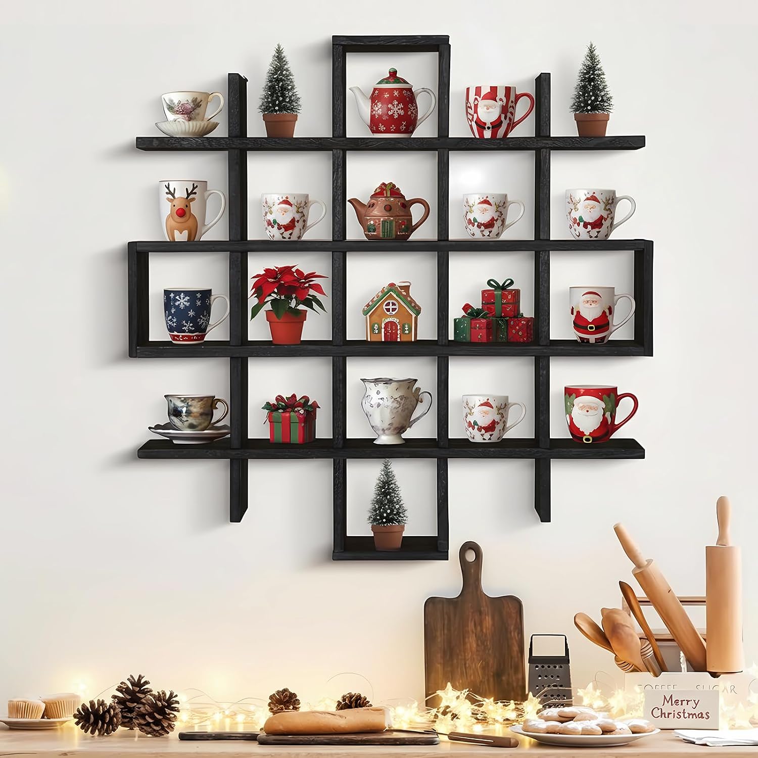 Suzile 5x5 Wall Shelf for Tea Cups Saucers, Rustic Wood Rack, Black image 5