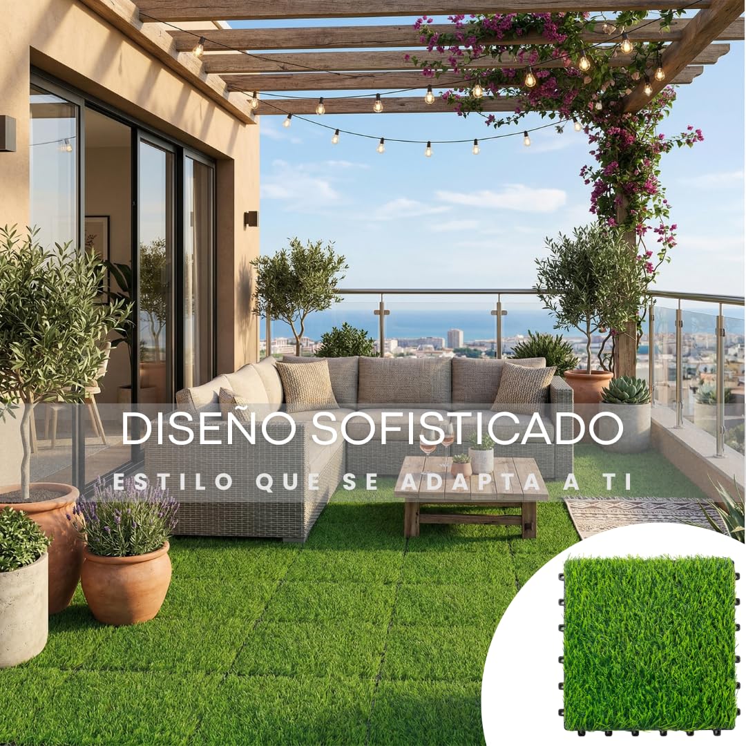 Losetas Jardin Exterior de Césped Artificial 30x30cm (Pack 10) – Cesped Para Jardín, Terraza y Patio – Suelo Verde con Drenaje e Instalación Fácil Para Balcón, Piscina y Espacios Al Aire Libre