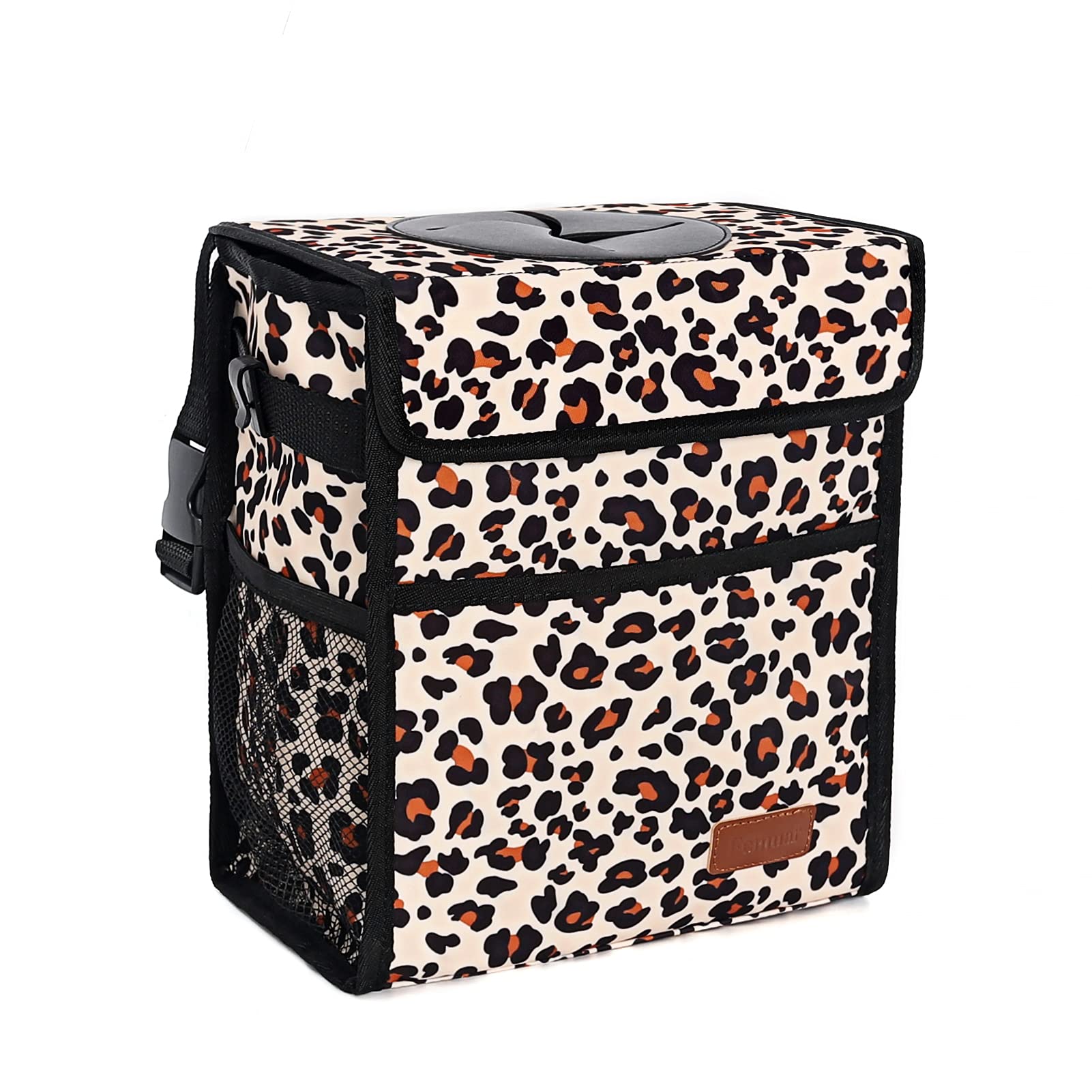 Car Trash Can Leak Proof Car Trash Bag Waterproof Car Garbage Can with Lid for SUV Front Seat Multipurpose Car Hanging for Headrest Collapsible and Portable with Storage Mesh Pocket, Leopard Print