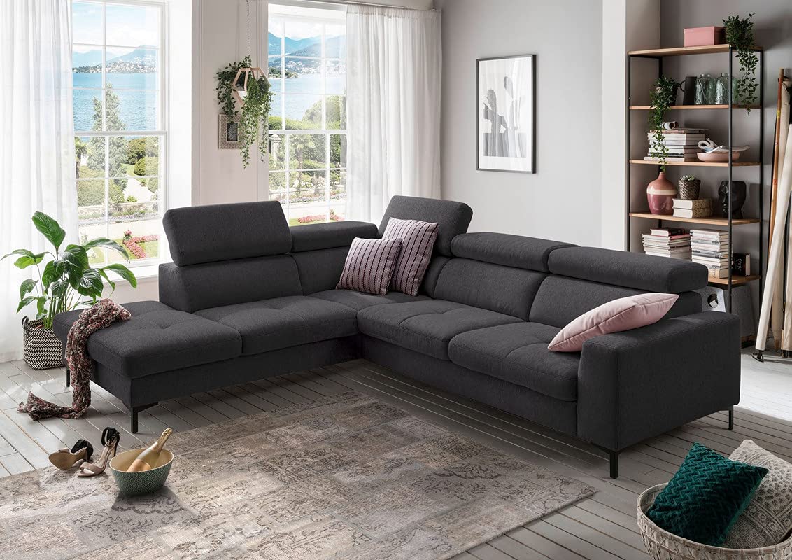 FUNTERIOR Decensy Lshape Corner 5 Seater Fabric Black Sofa Set (RHS)