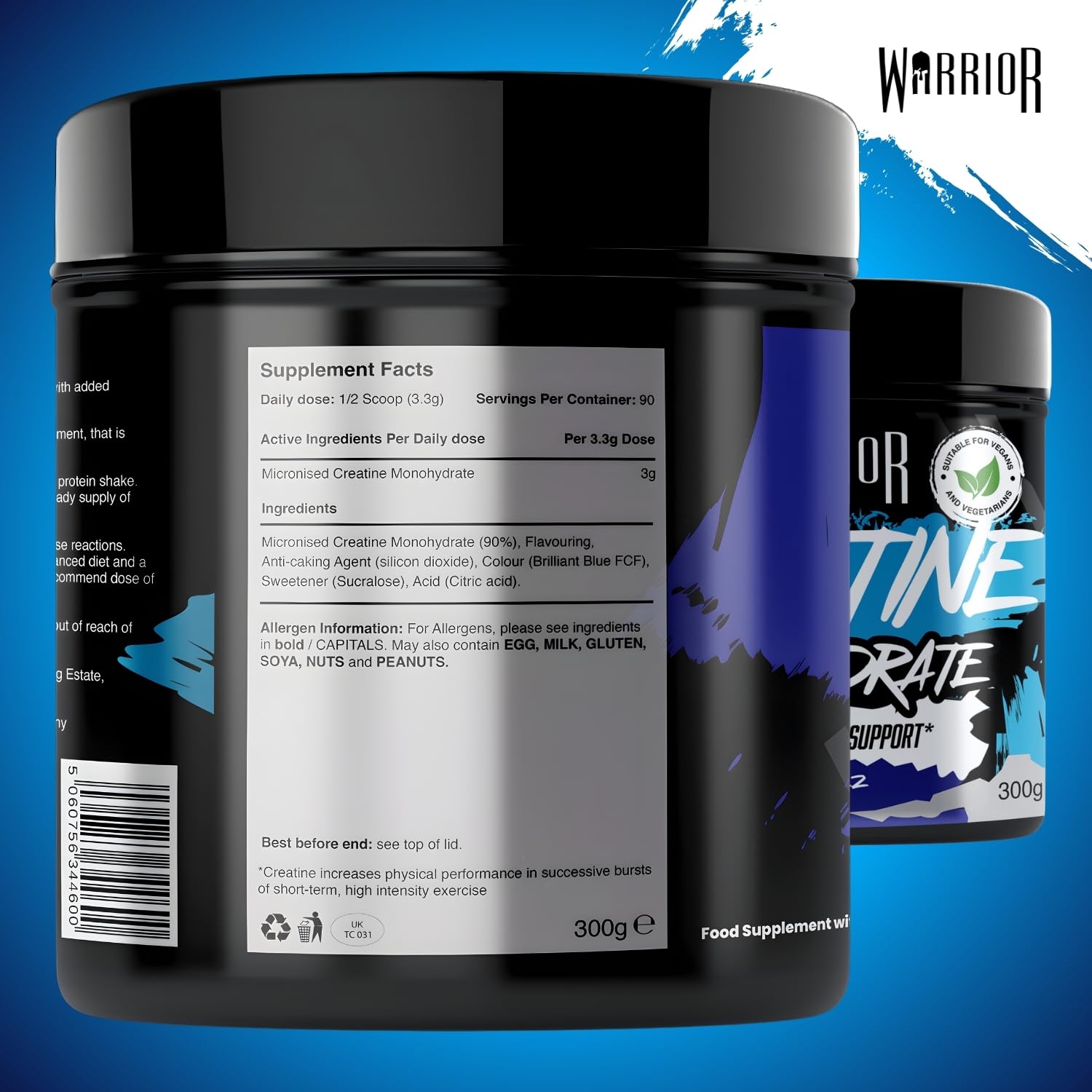 Warrior Creatin Monohydrat Pulver 300 g, Kreatin Vegan – Blaue Himbeere 3 g pro Portion, 90 Portionen, mikronisiert, angenehmer Geschmack… – Ansicht 2