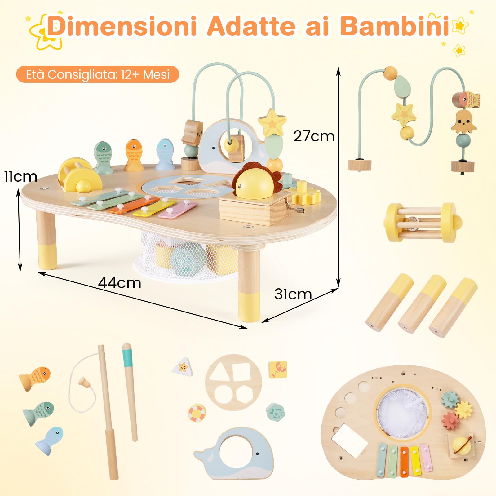 COSTWAY Centro di Attività Musicale in Legno Tavolo Multiattività Bambini 7-in-1 con Labirinto di Perle Xilofono Giochi Montessori