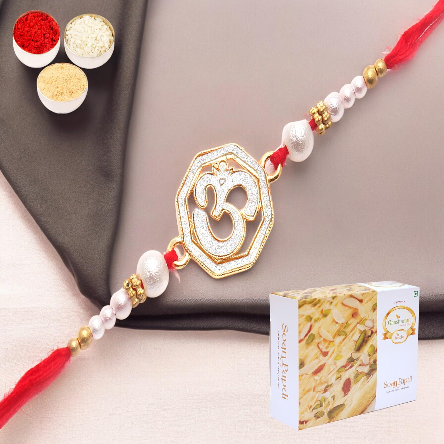 Ghasitaram Gifts Rakhi for Brother Rakhis Online- The Sparkle of Heavenly Divine Blessings for My Brother Rakhi with 200 GMS of Soan Papdi