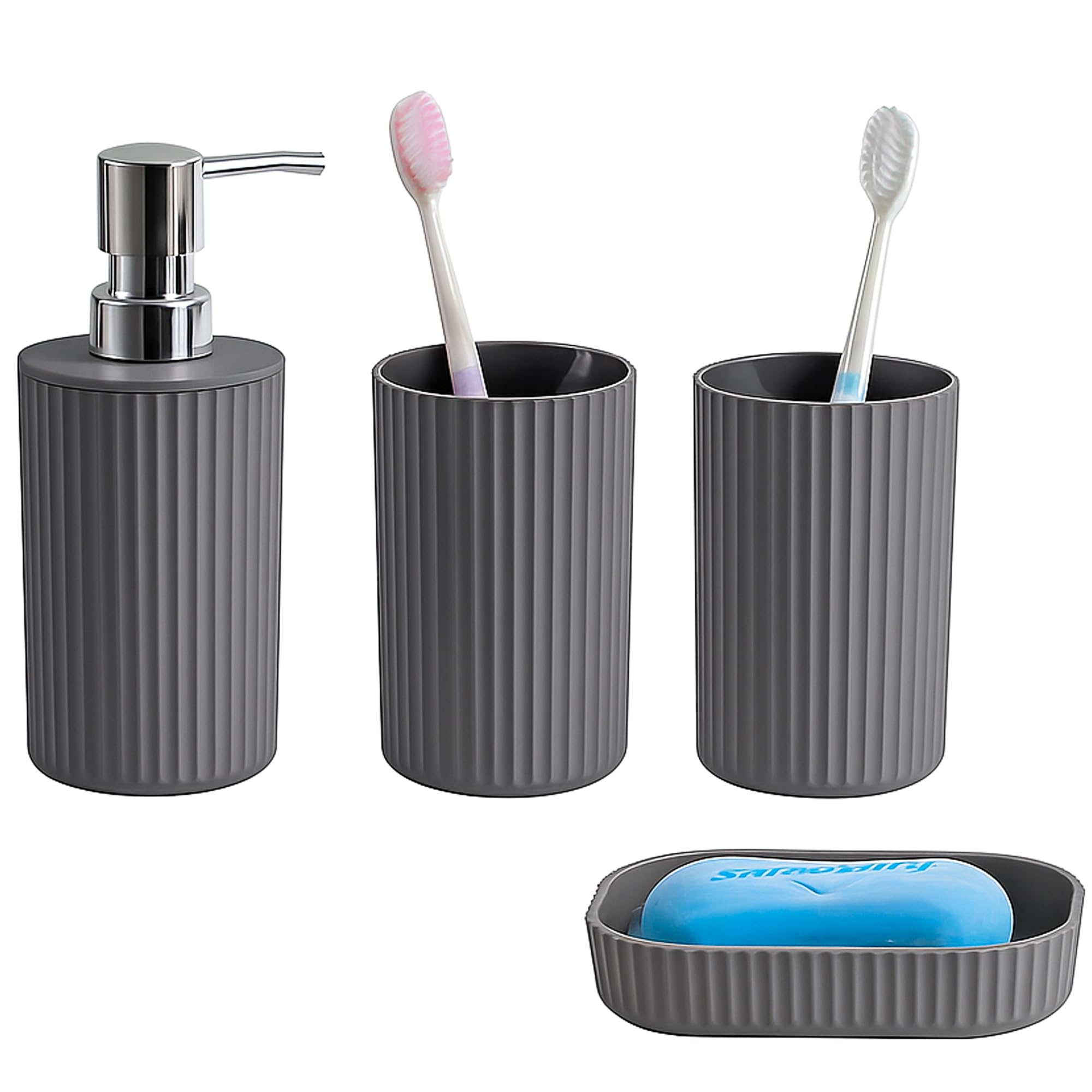 Novel Solutions Matt Grey Premium 4-Piece Bathroom Accessories Set – Rubber-Coated Soap Dispenser, Soap Dish, Tumbler Cup & Toothbrush Holder – Modern Vanity Organiser Kit (Grey Finish)