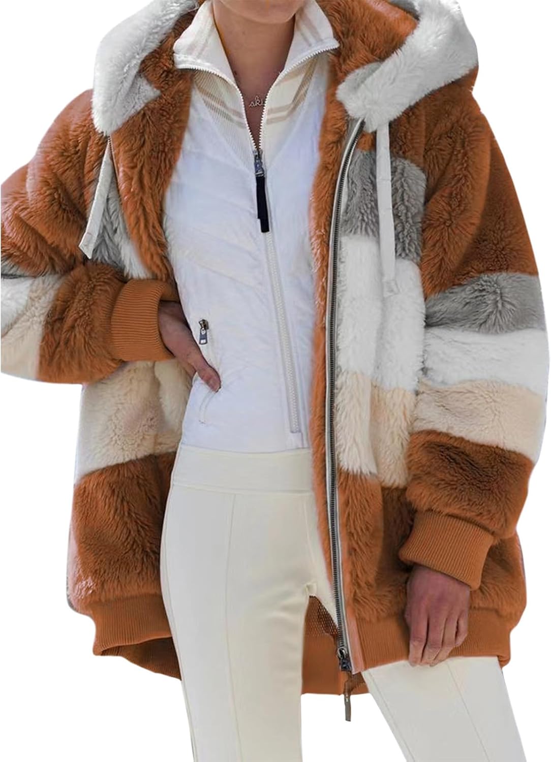 Zaswen Womens Sherpa Jacket Warm Soft Fuzzy Full Zip Plus Size Winter Coats with Hood Casual Outerwear Fluffy Fleece Jackets