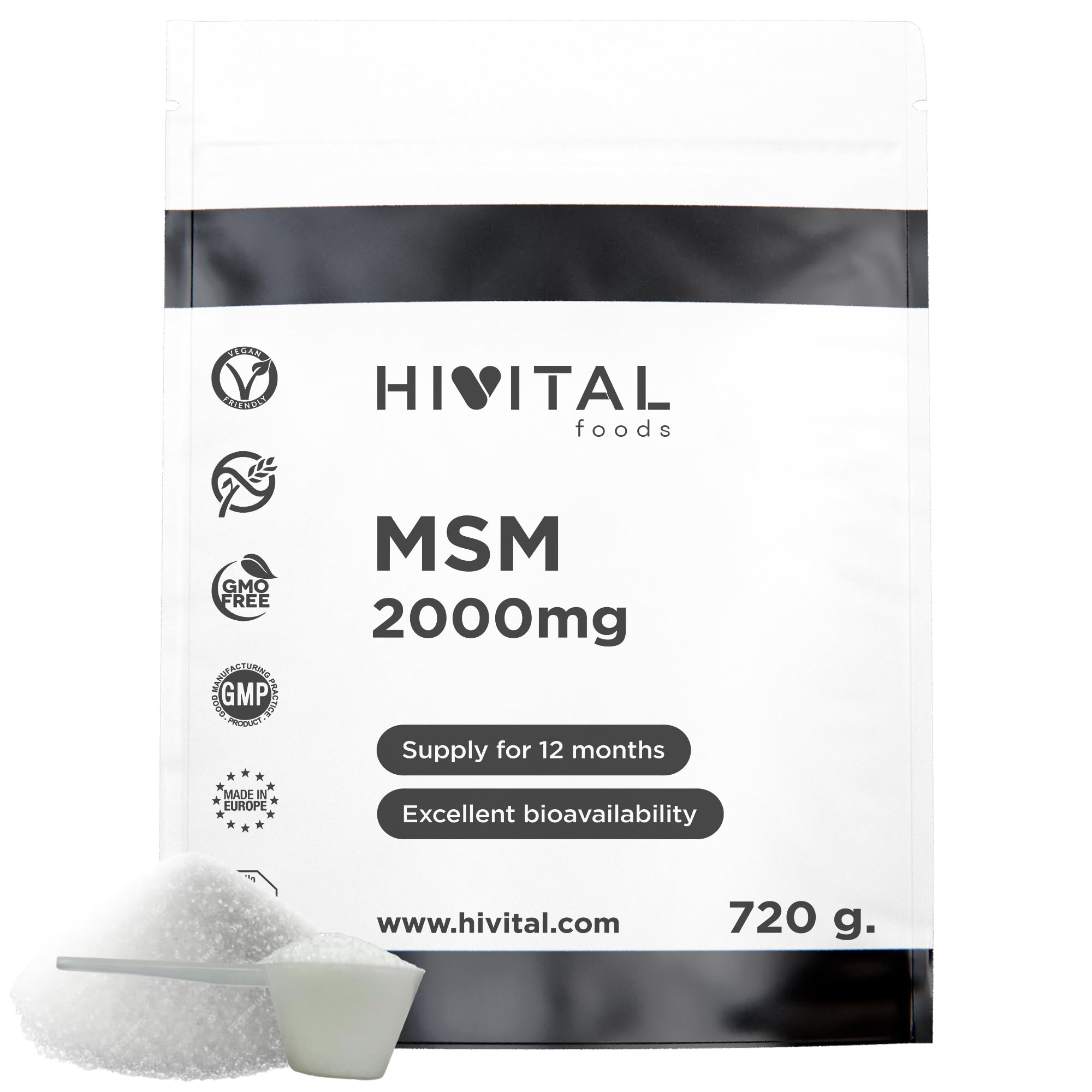 MSM 2000 mg. Paquet de 720 g. pour 1 an de traitement. Méthylsulfonylméthane 100% Végétalien. Pour la santé des articulations, des cartilages, des os, la peau, les cheveux et les ongles. Par HIVITAL