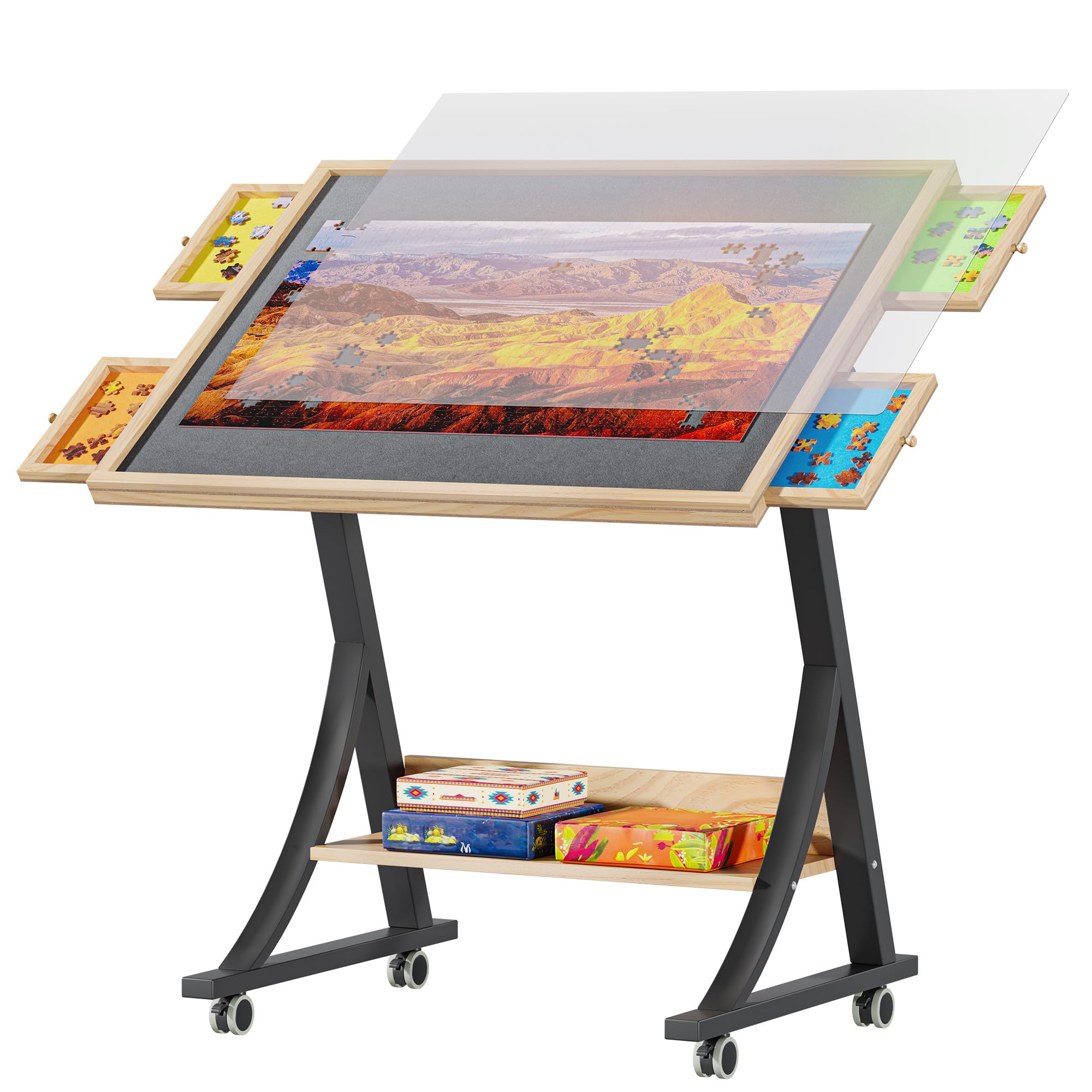 YITAHOME 1500 Stück Puzzletisch mit 4 Schubladen, Verstellbares Neigbares Puzzlebrett mit Neigungswinkel & Höhenverstellung, Faltbare Tragbare Puzzletische mit Abdeckung & Aufbewahrungsregal, Leicht
