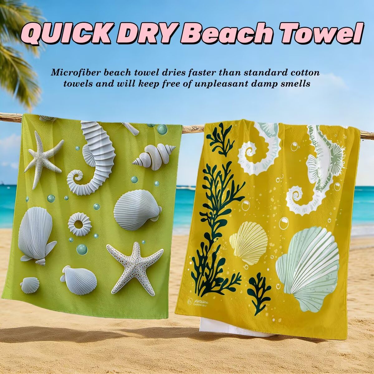 Toalla Playa 80x160 cm, Toalla Gimnasio Microfibra Secado Rapido, Juego de 2 Antiarena Toallas de Playa, Ligera Compacta Toallas Microfibra Grande para Viaje, Regalo Mujer Hombre (Caballito Mar) -3885