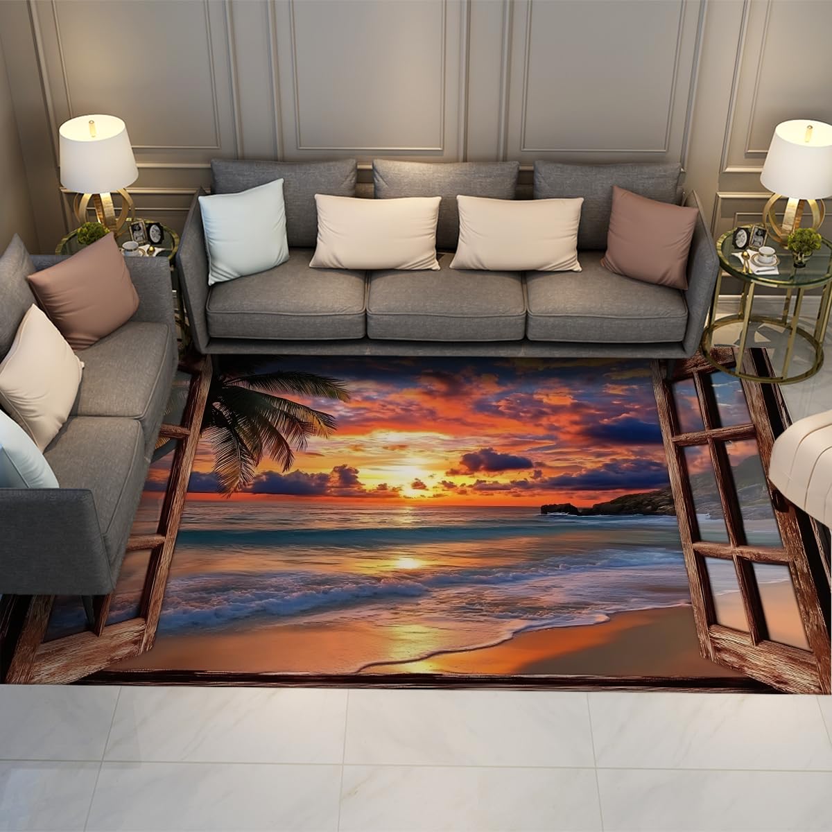 Dywan na okno 80 x 150 cm tropikalna plaża z rustykalną drewnianą ramą
