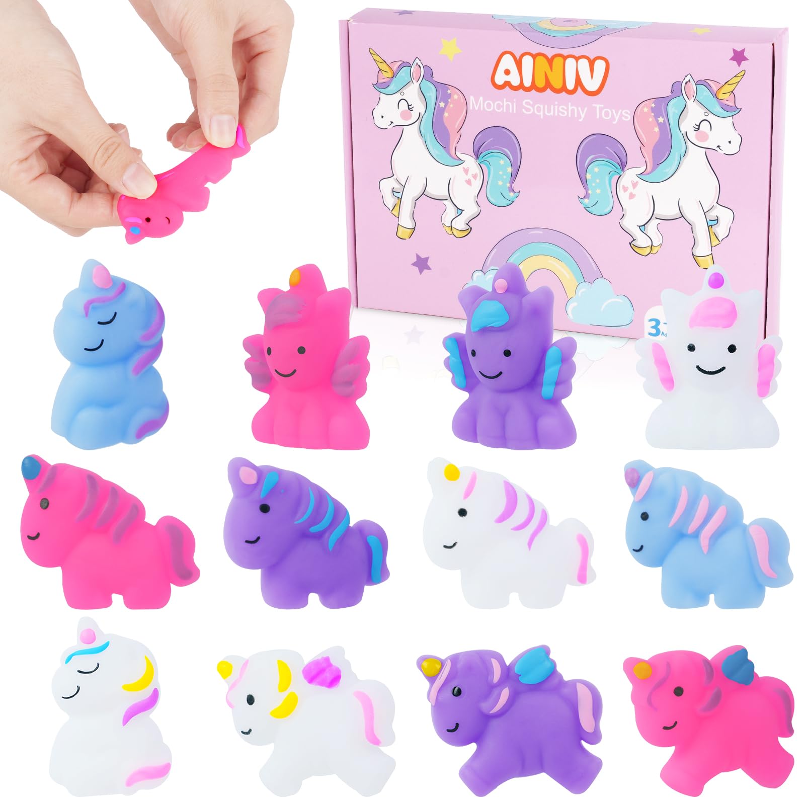 Ainiv 12pcs Mochi Squishy Toys, Mini Kawaii Unicorn Squishies Soft Fidget Toys, Sensory Squeeze Balls For Autism Stress Relief, Party Bag Fillers Gifts for Kid & Adult