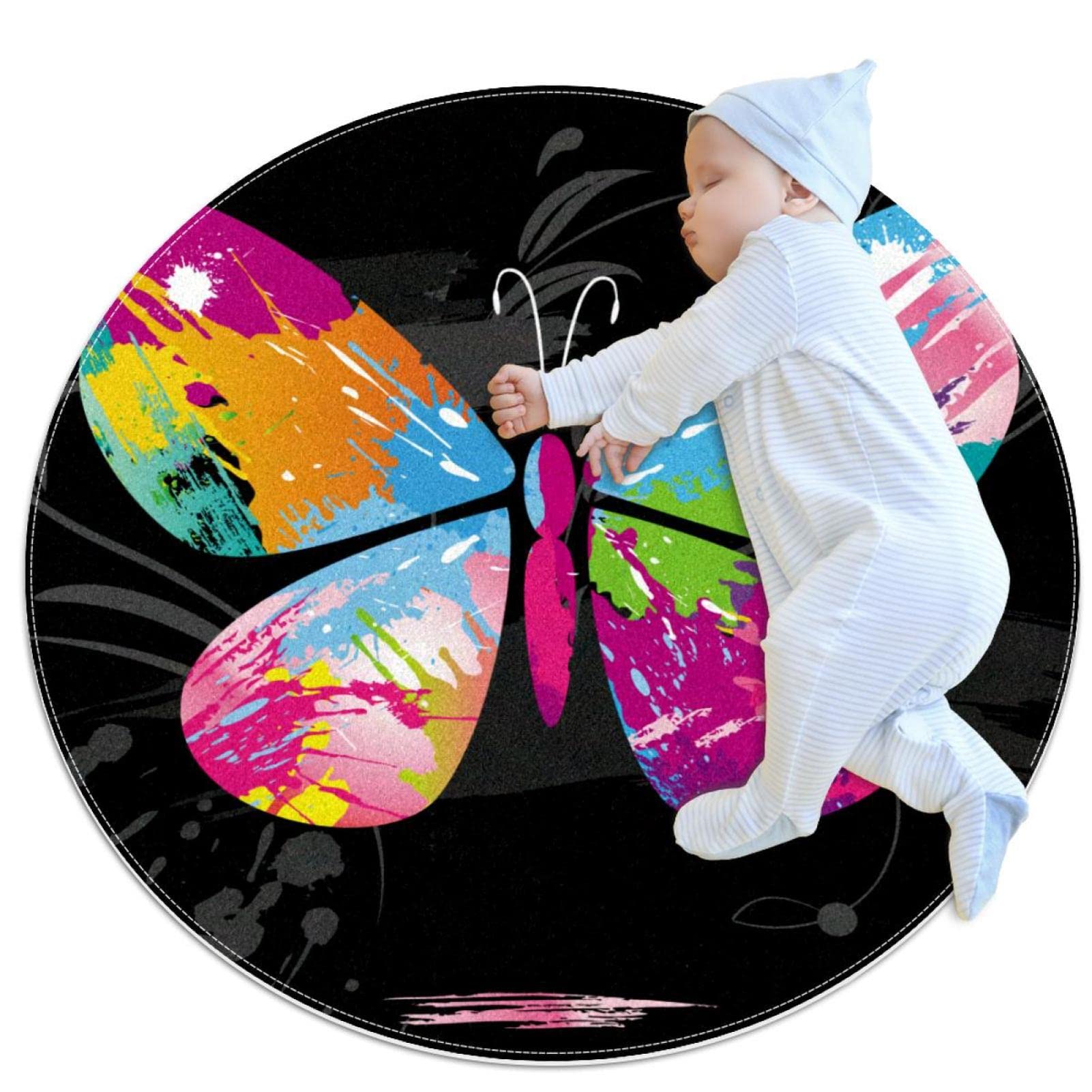 Tapis enfant rond motif papillon JDEZ pour un coin lecture chaleureux 80x80 cm