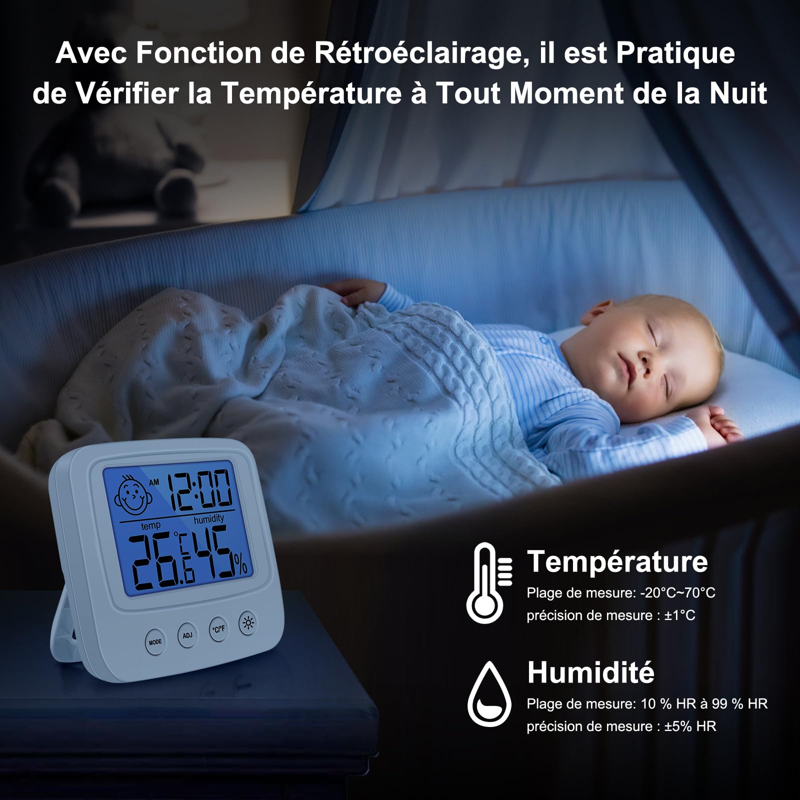 Vinabo Thermomètre Hygromètre Intérieur Digital Haute Précision avec Rétroéclairage Horloge