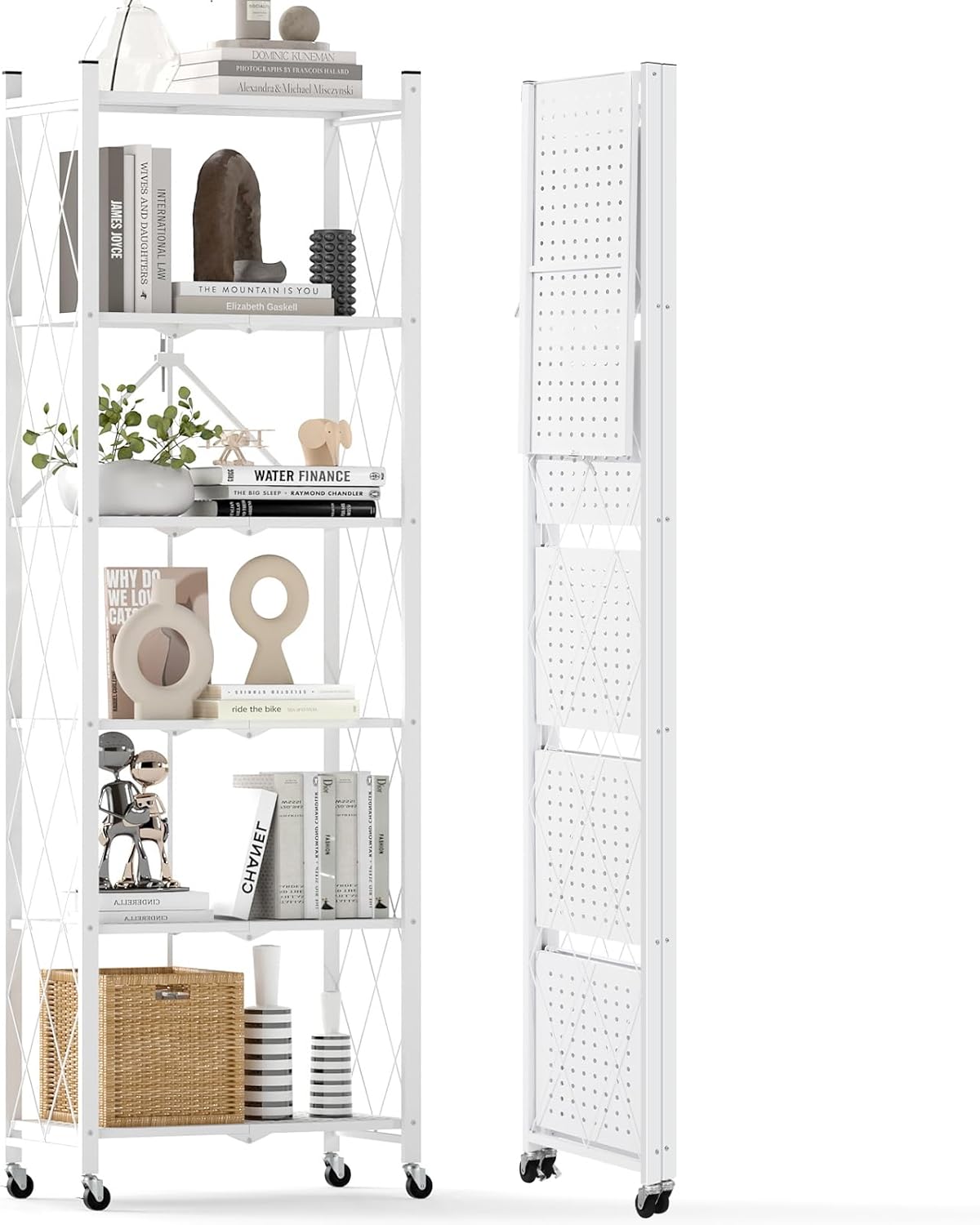 DEANIC 6-Shelf Folding Bookcase with Wheels, Heavy Duty Storage Shelves, Freestanding Metal Wire Shelving Unit for Living Room, Office, Kitchen, Basement, Pantry (White)