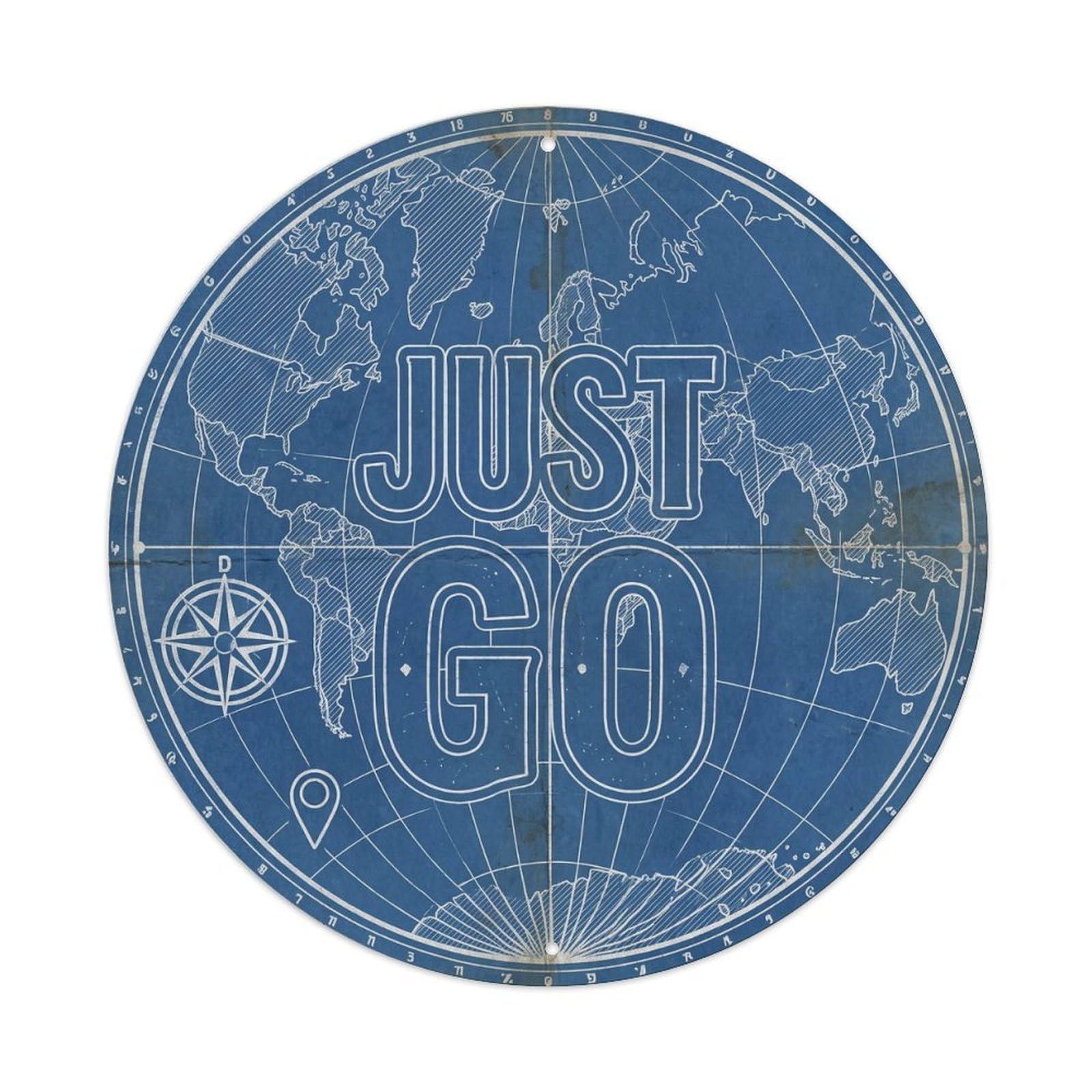 Vintage World Map with Compass Just Go Blueprint Metal Tin Sign