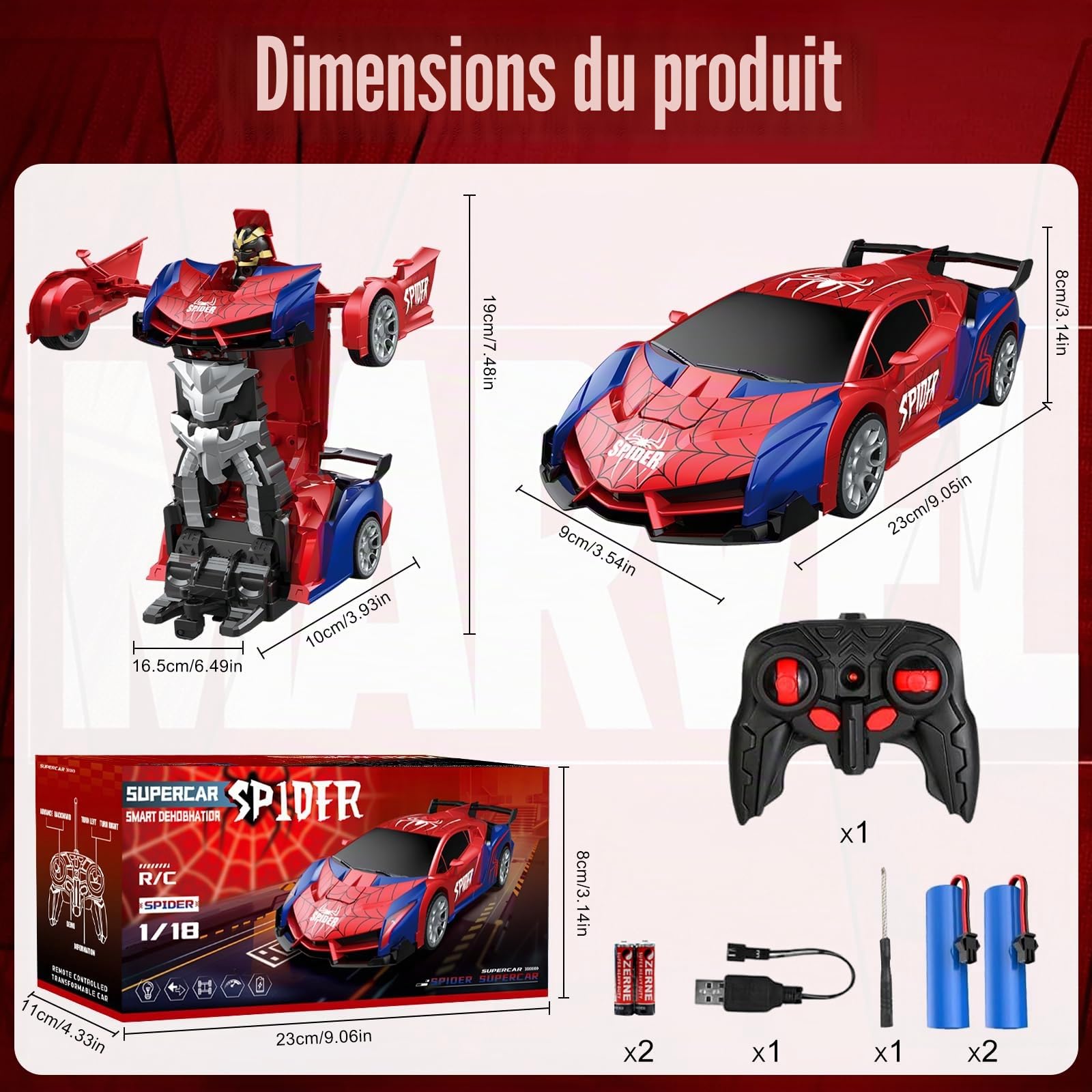 Voiture Télécommandée Spider Jouet Enfant 3 4 5 6 7 8 9+ Ans,2 en 1 Transformable Radiocommande RC Robots,Transformable RC Spider Car Radiocommande,Voiture RC 2,4 GHz & Robot Rotation 360° Jouet (E)