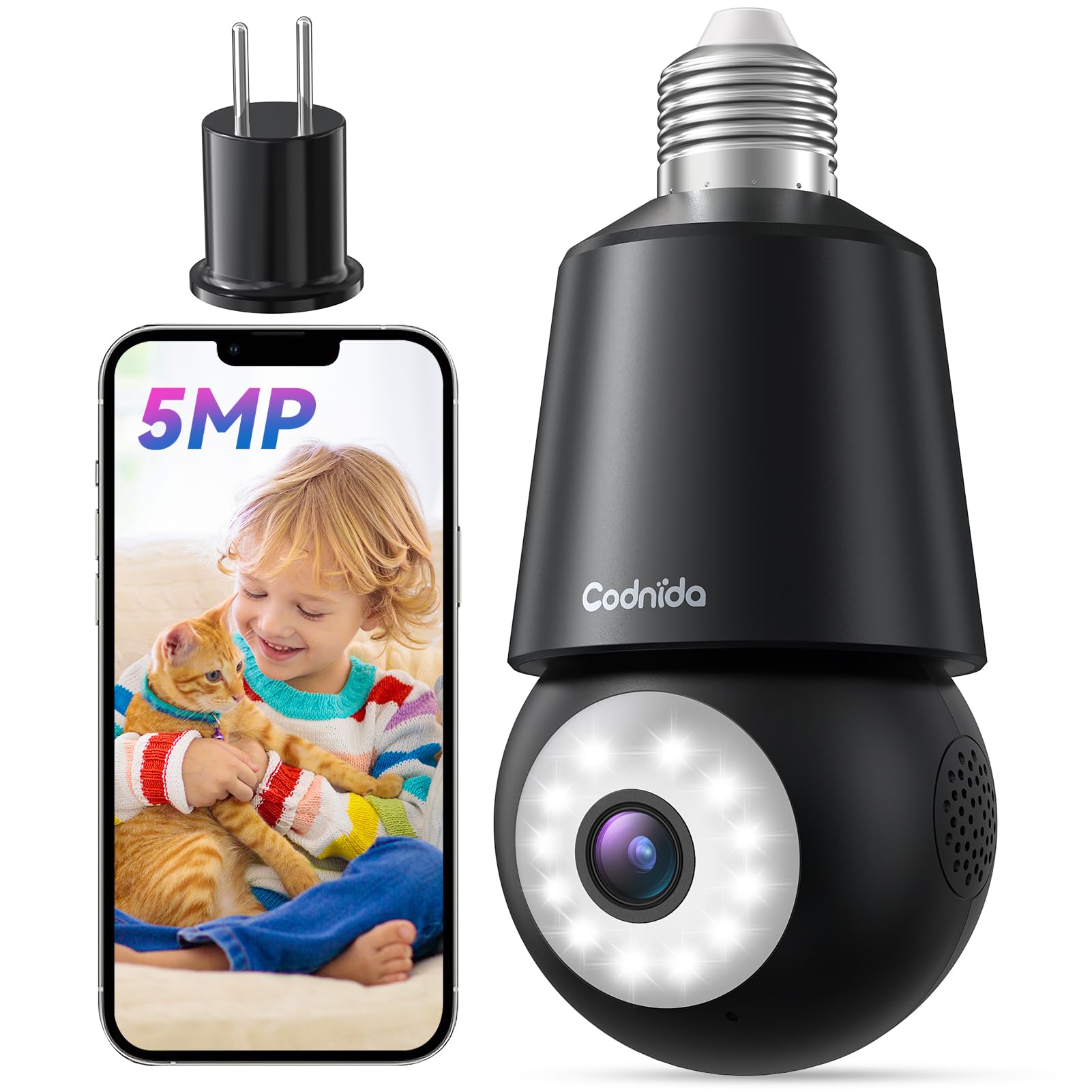 5MP Camara de Bombilla Vigilancia WiFi Exterior/Interior, 2.4G/5Ghz PTZ Camaras Domicilio con 24/7 Grabación, Visión Nocturna en Color, Alarmas de Sonido y luz, Detección de Movimiento, Negro