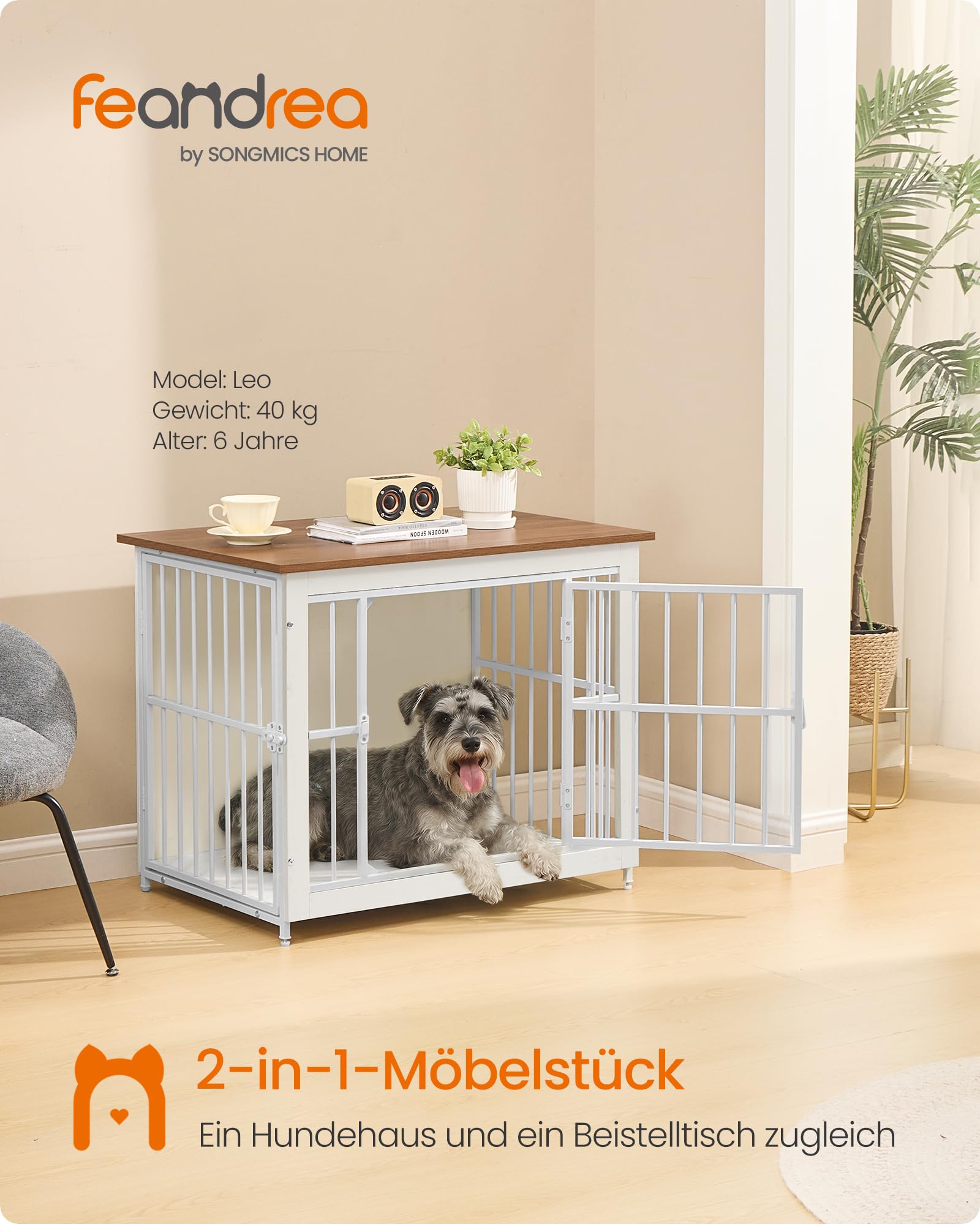 Feandrea Hundebox, Hundekäfig Möbel, Gitterbox aus Holz und Metall, mit 2 Türen und Geschlossenem Boden, 82 x 55 x 64 cm, für Zuhause, Vintagebraun-Weiß, Degwood PFC022KB01