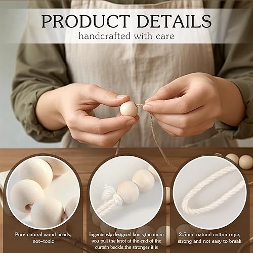 Miniatura 3 de Hion 2 piezas de alzapaños de cortina estilo bohemio, alzapaños de cortina con cuentas de madera, alzapaños para cortinas de estilo granja al aire