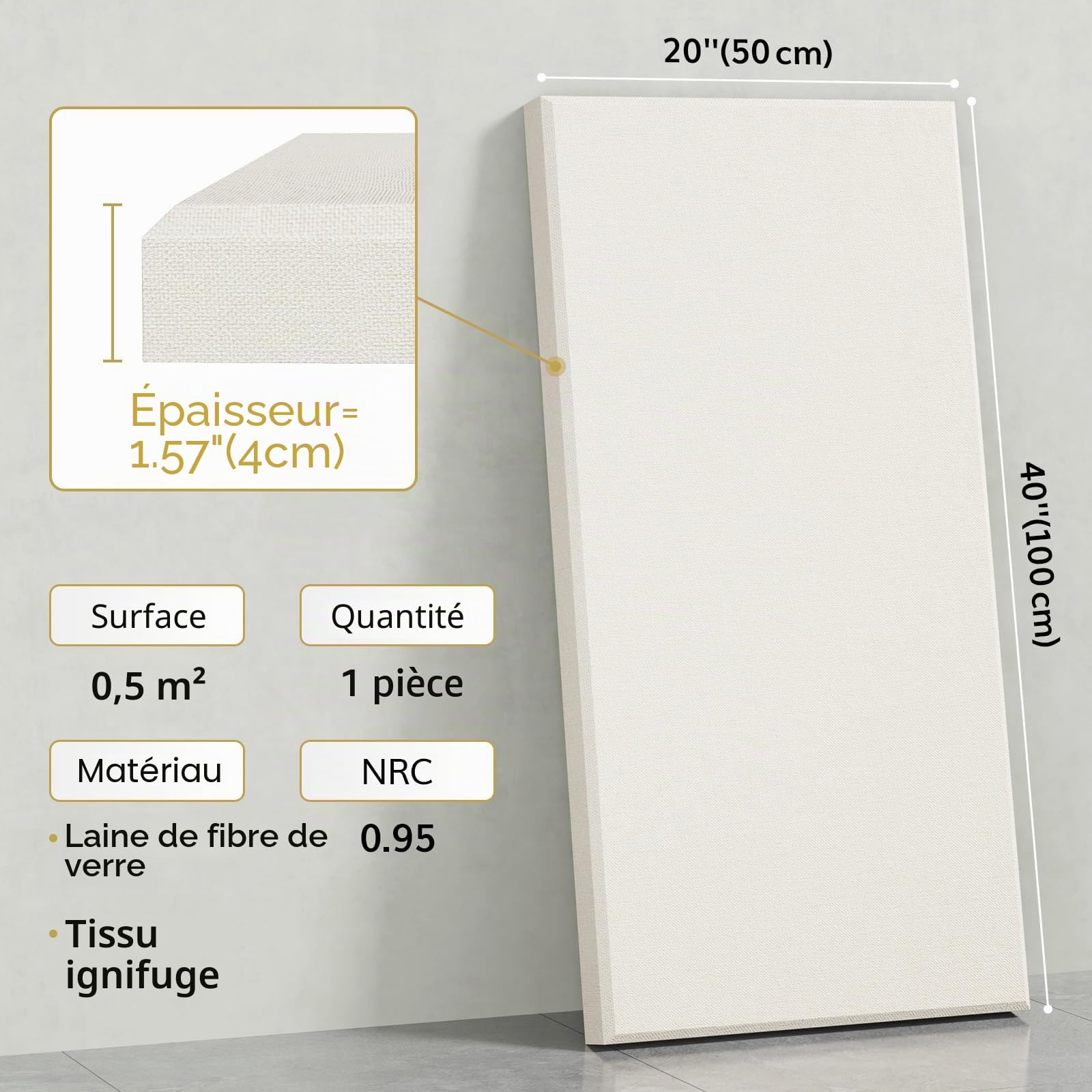 TONOR Grands Panneaux Acoustiques en Fibre de Verre, 100 x 50 x 4 cm Panneaux Insonorisants Murs pour la Décoration Intérieure des Murs de Studios, Salons, Salles de Cinéma, Beige