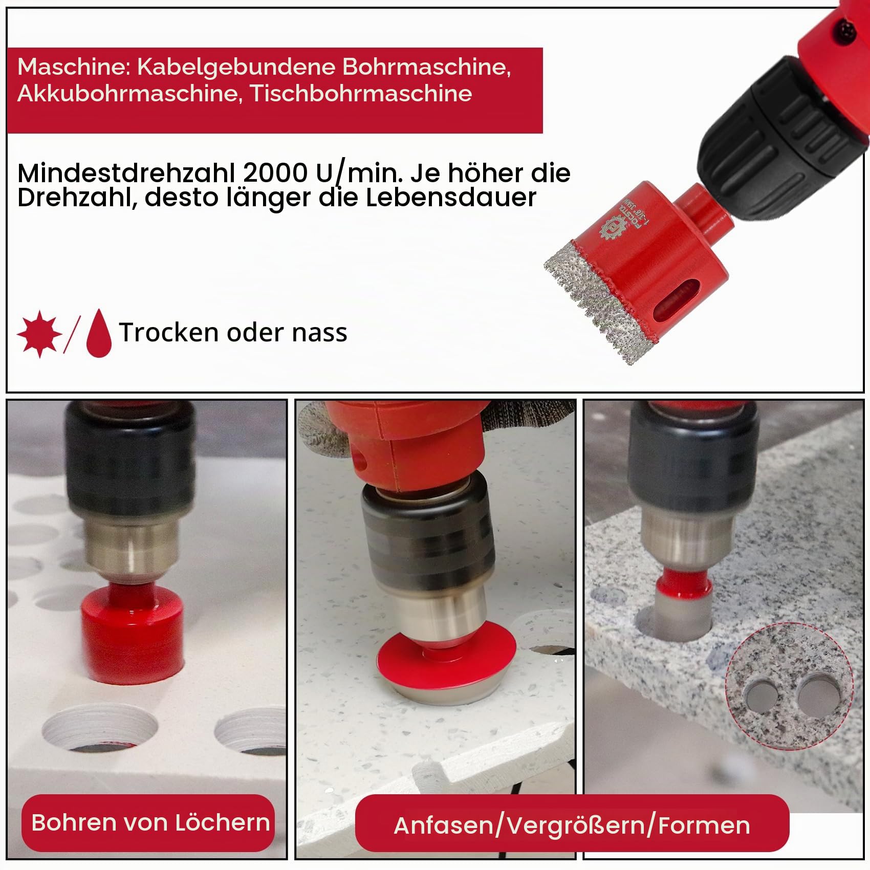 FOCSTOL Diamant Fliesenbohrer Set - 8 Stück (6/8/10/20/35mm+20mm Fingerfräser+35mm Fasenbohrer+6mm Hartmetallbohrer) Diamant Lochsäge Set mit DreikantSchaft für Porzellan Keramik Fliesen Marmor Granit
