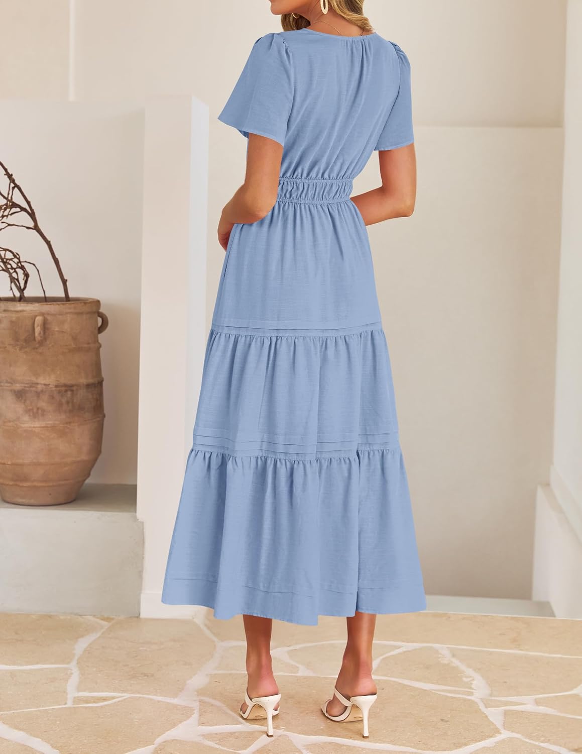 ZESICA Women's Summer Casual Short Sleeve Midi Dresses 2026 V Neck Elastic Waist Tiered Flowy Boho Dress with Pocket - Image 4