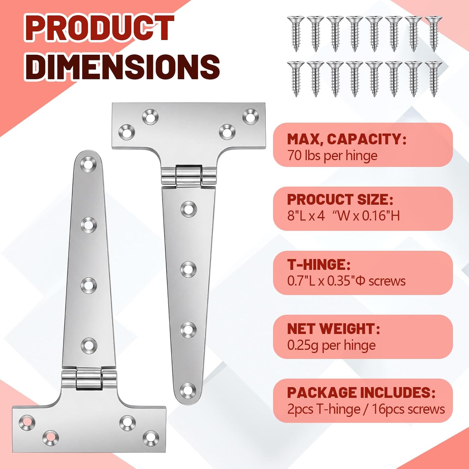 Moxweyeni 2 Pcs 8 x 4 Inches 316 Stainless Steel T Hinges Marine Grade Heavy Duty Boat Hatch Hinge with Screws for Hatch, Yacht, Gate, Door, Fence, Barn, Cabinets, Windows